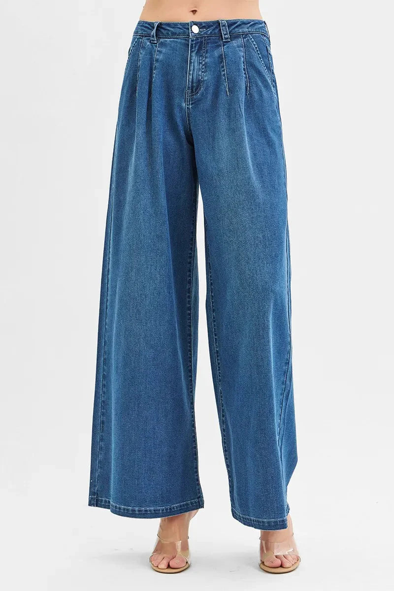 Mid Rise Wide Leg Knit Denim Palazzo Jeans
