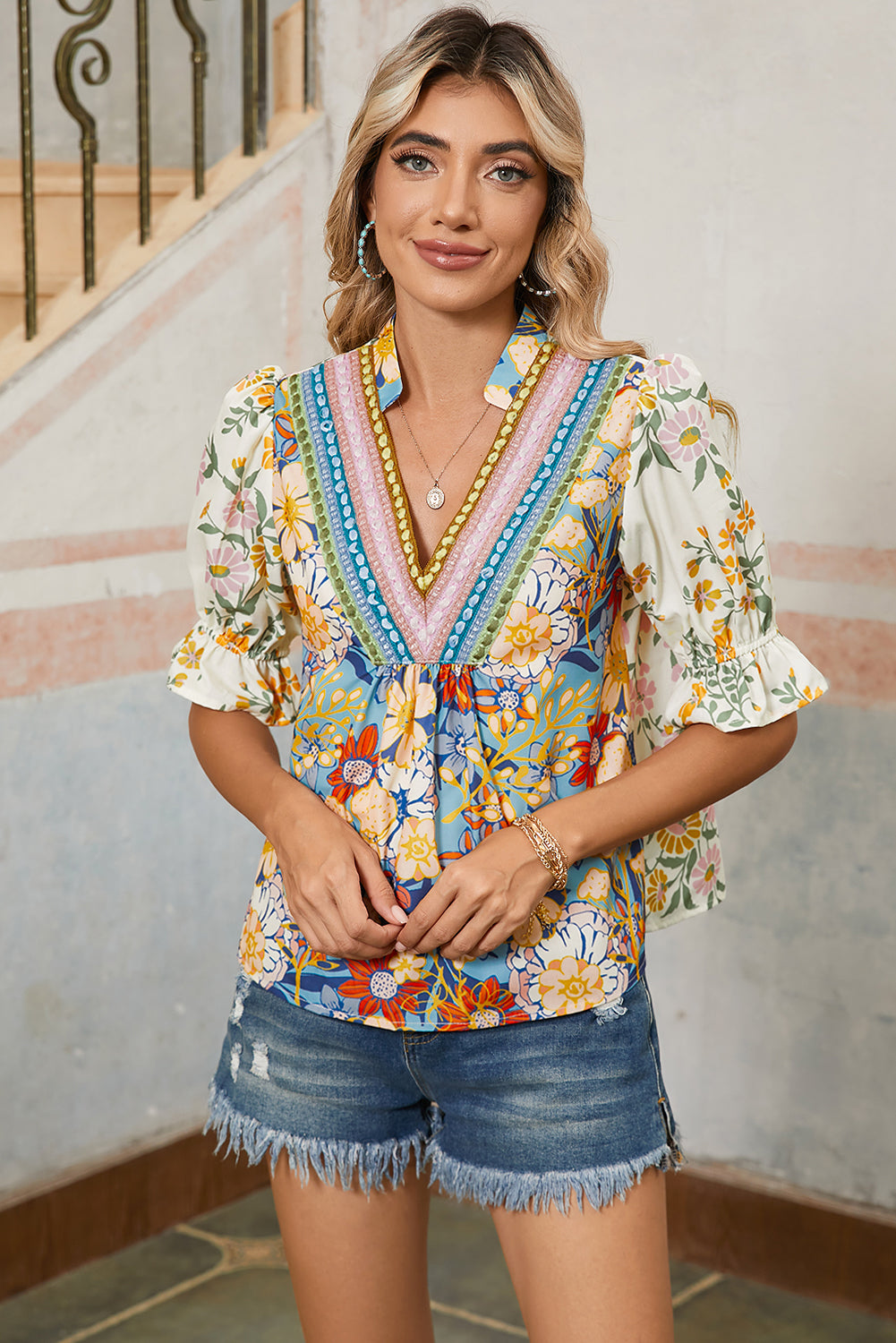 PRE-ORDER: Multicolour Half Sleeve Boho Floral Neckline Blouse
