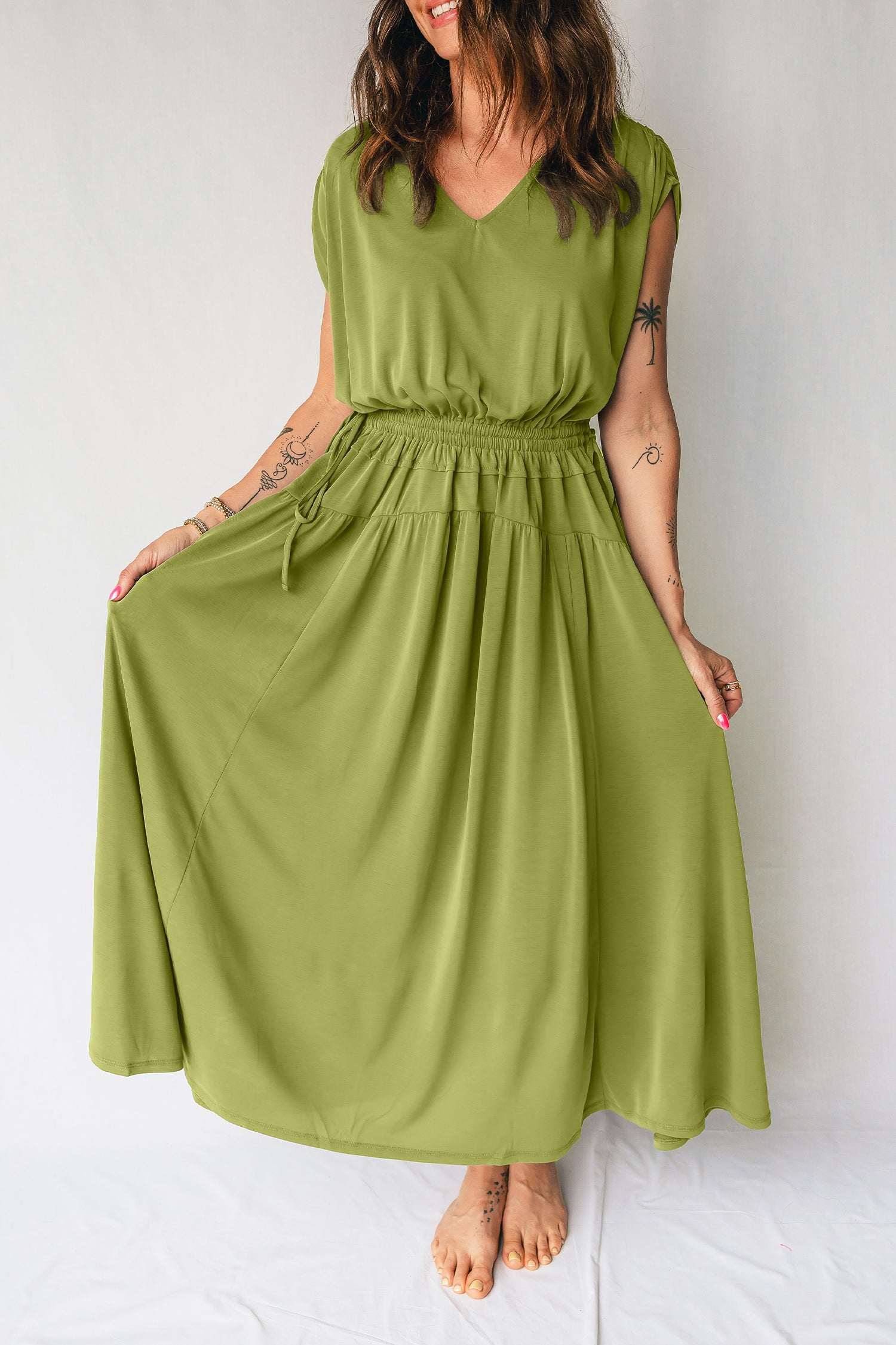 PRE-ORDER: Solid V Neck Cap Sleeve Tunic Elastic Waist Maxi Dress