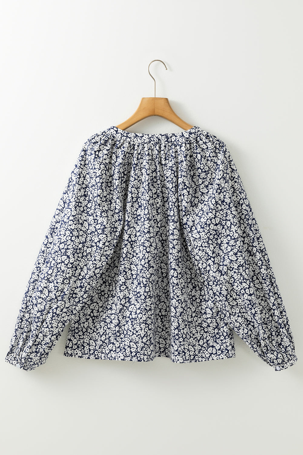 Blue Floral Print V Neck Puff Sleeve Blouse
