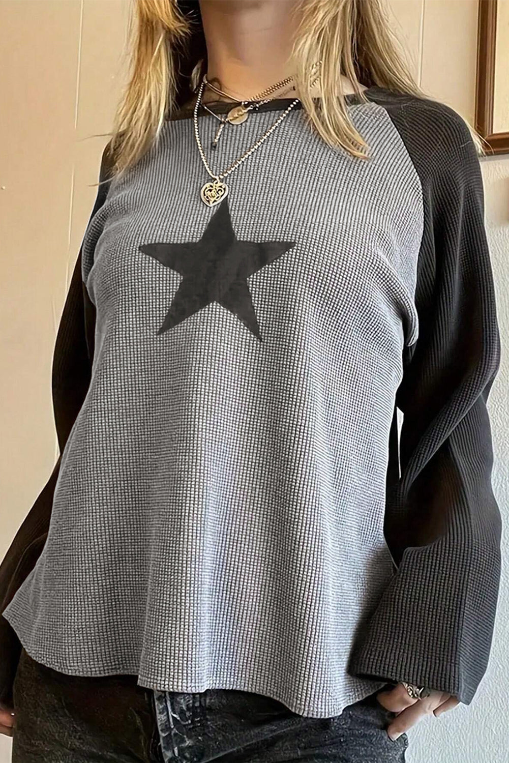 Waffle Knit Colorblock Star Patch Raglan