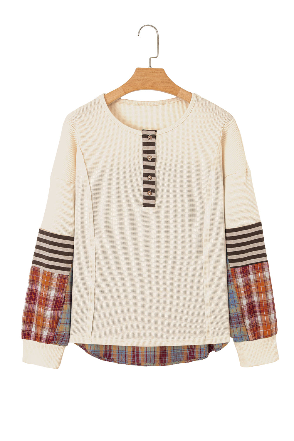 Straw Yellow Waffle Stripe Plaid Patchwork Henley Top