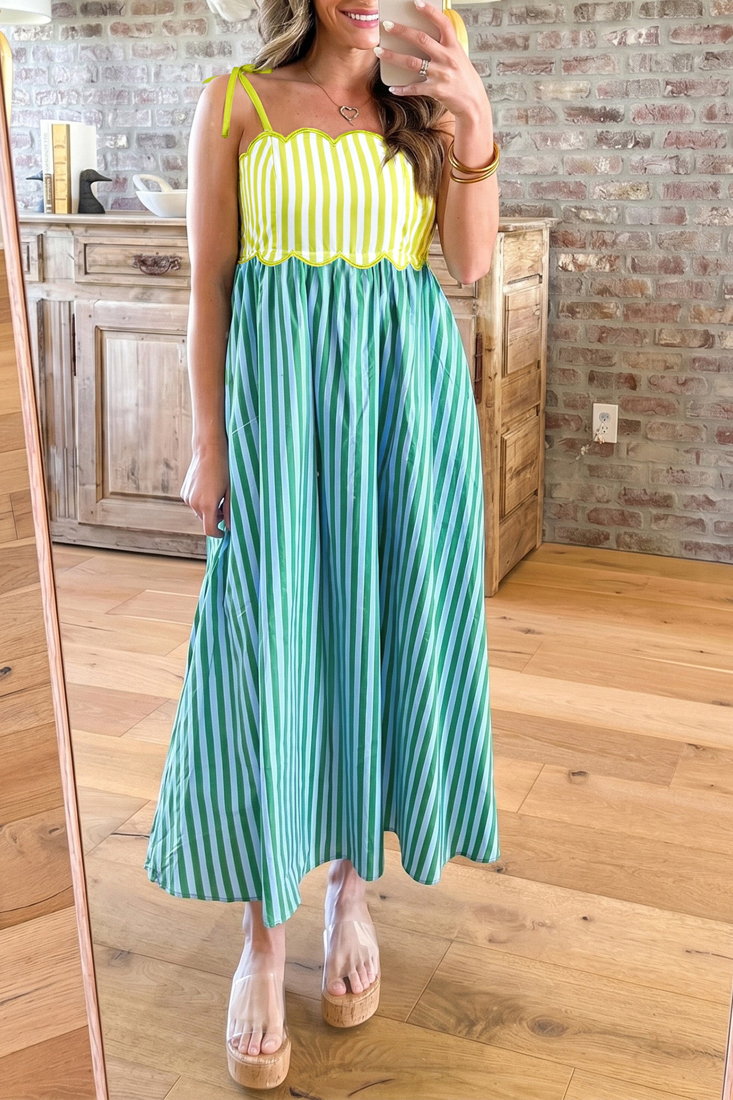 PRE-ORDER: Green Stripe Scalloped Contrast Knot Strap Midi Dress