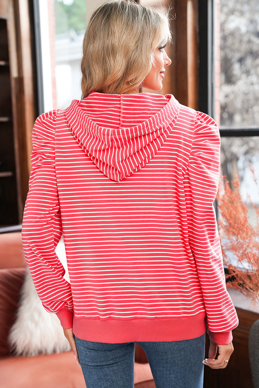 Red Striped Puff Sleeve Drawstring Hoodie