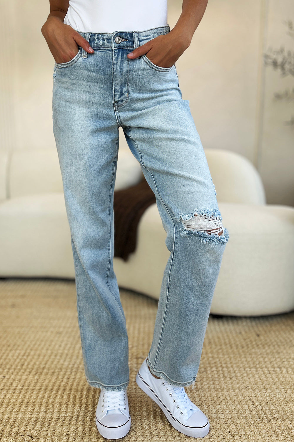 High Waist Distressed Straight Jeans