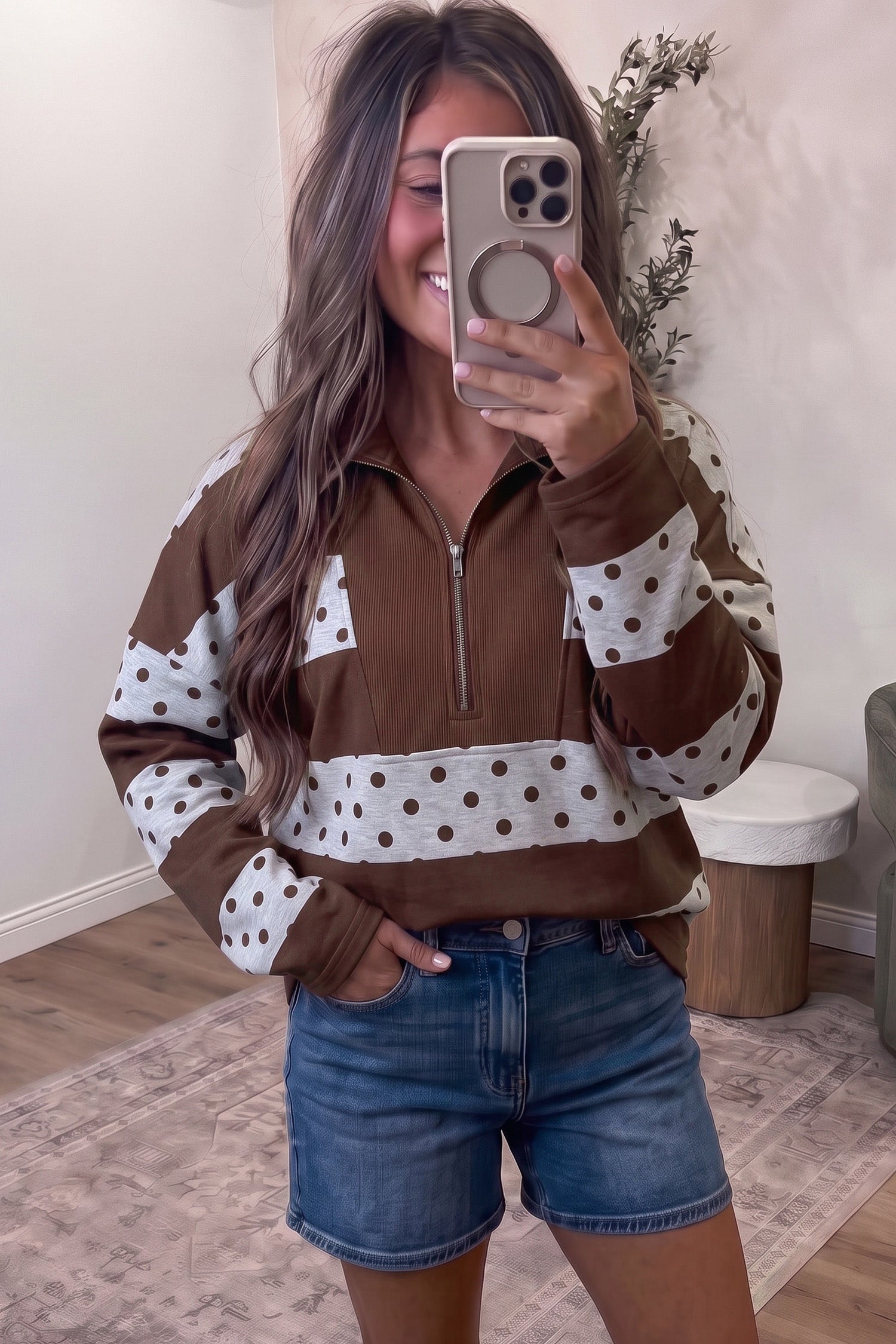 PRE-ORDER: Striped Polka Dot Quarter Zip Long Sleeve Top
