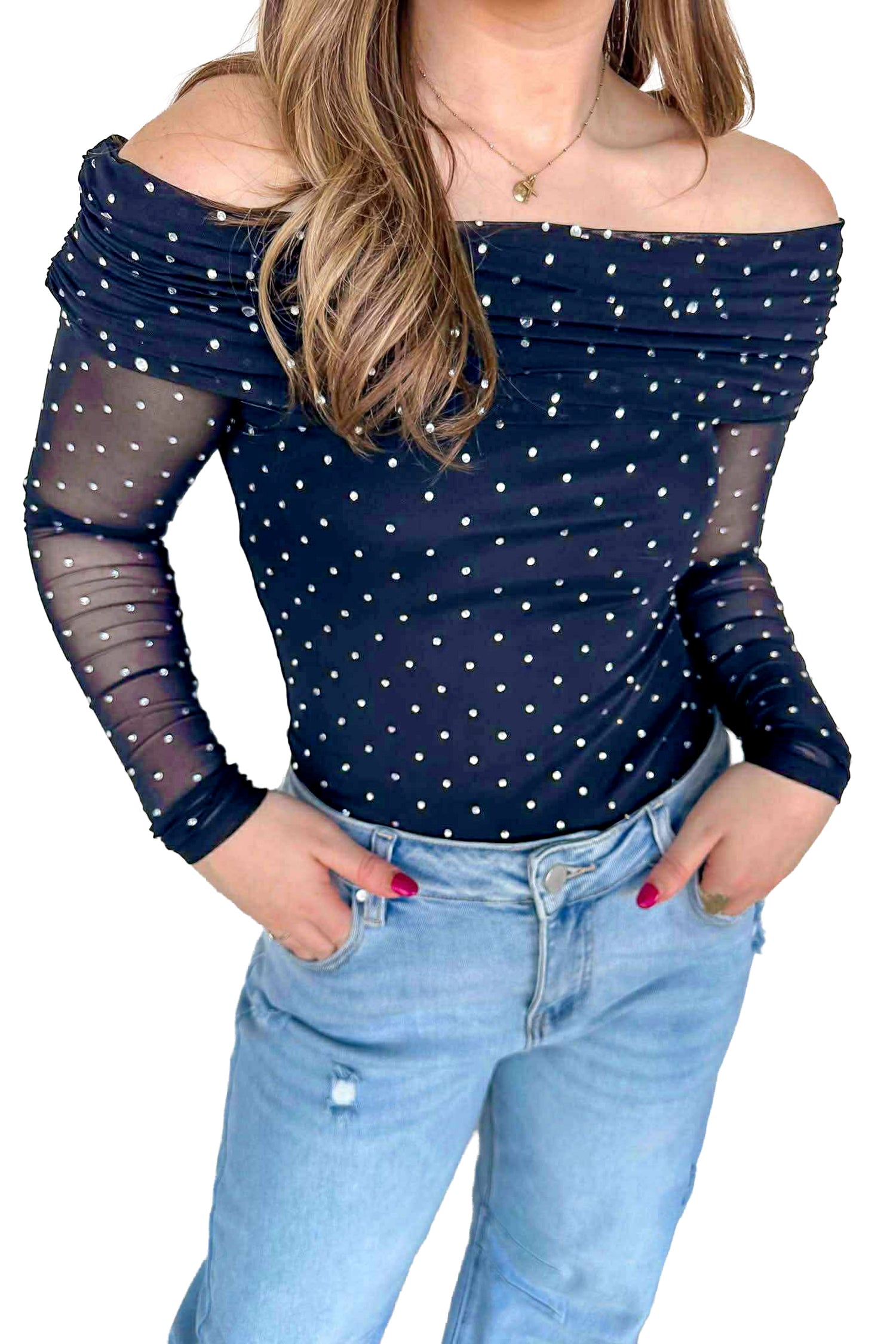PRE-ORDER: Blue Polka Dot Mesh Off-Shoulder Top