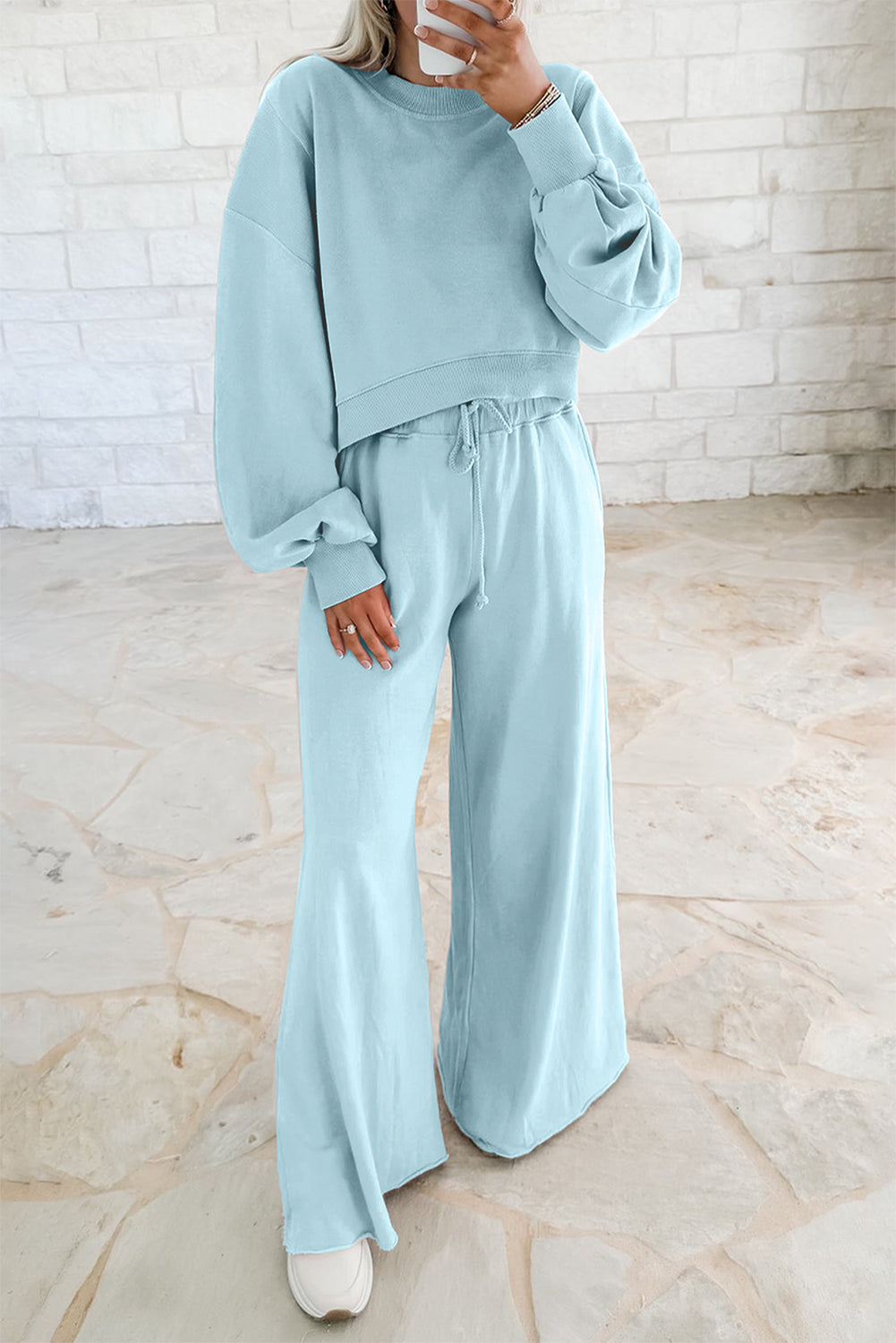 Drop Shoulder Crop Pullover Drawstring Wide Leg Pants Set