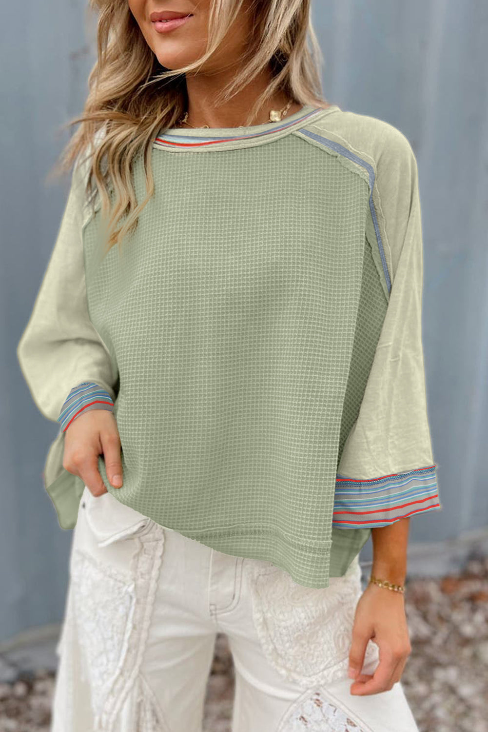 Waffle Knit Patchwork Raglan Top