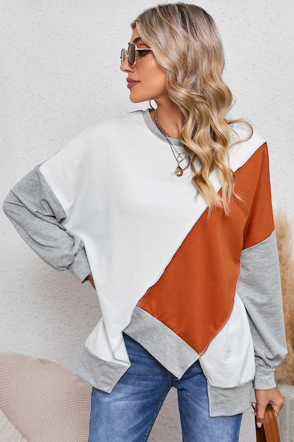 PRE-ORDER: Colorblock Stitching Irregular Hem Long Sleeve Top