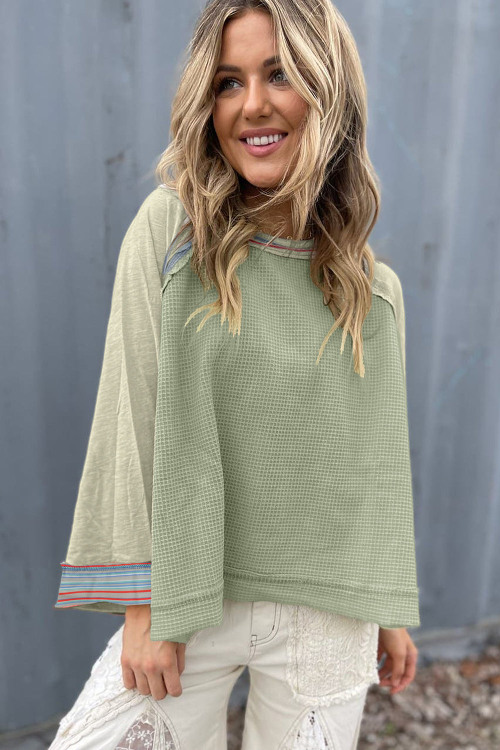 Waffle Knit Patchwork Raglan Top