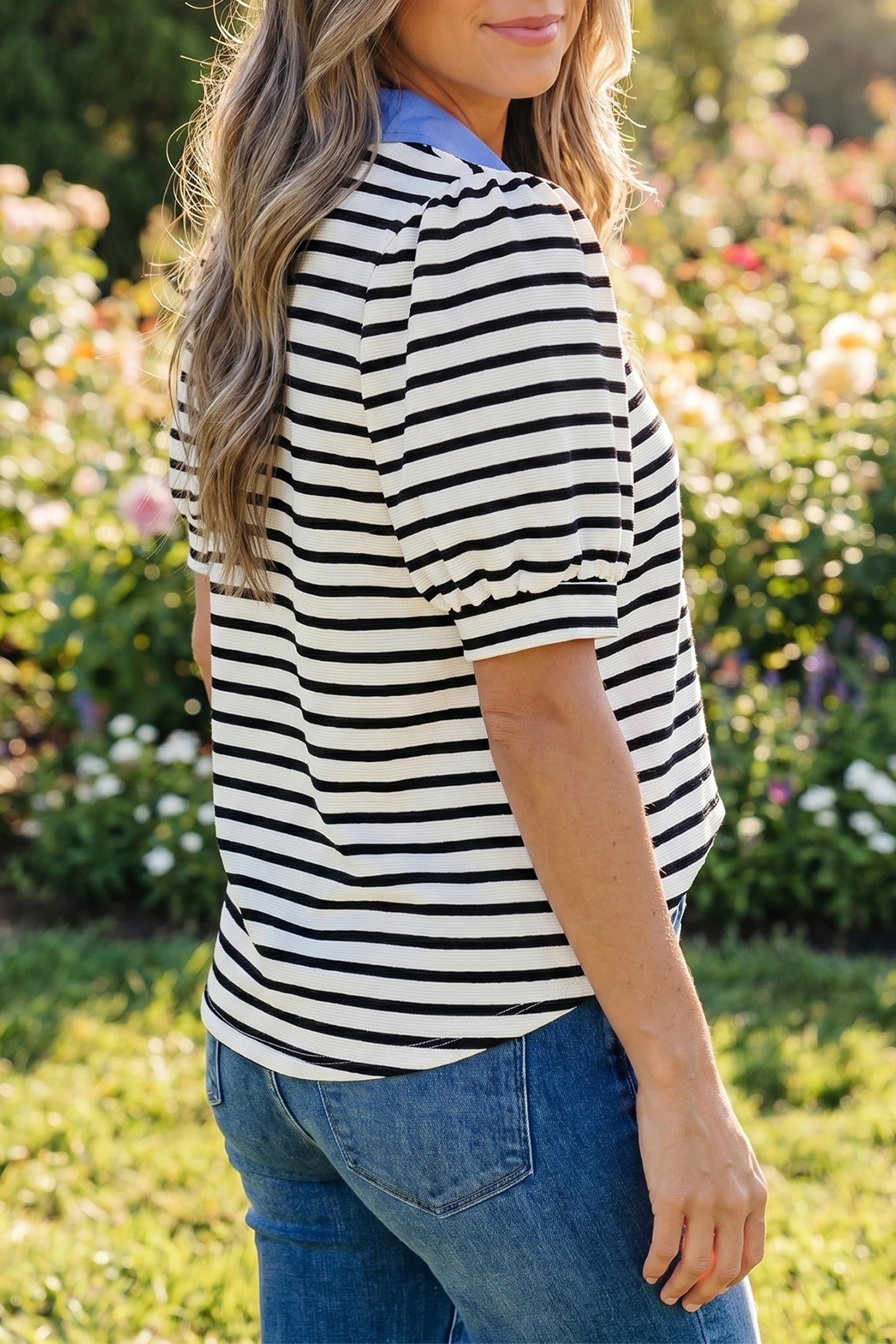 Striped Puff Sleeve Color Block Blouse