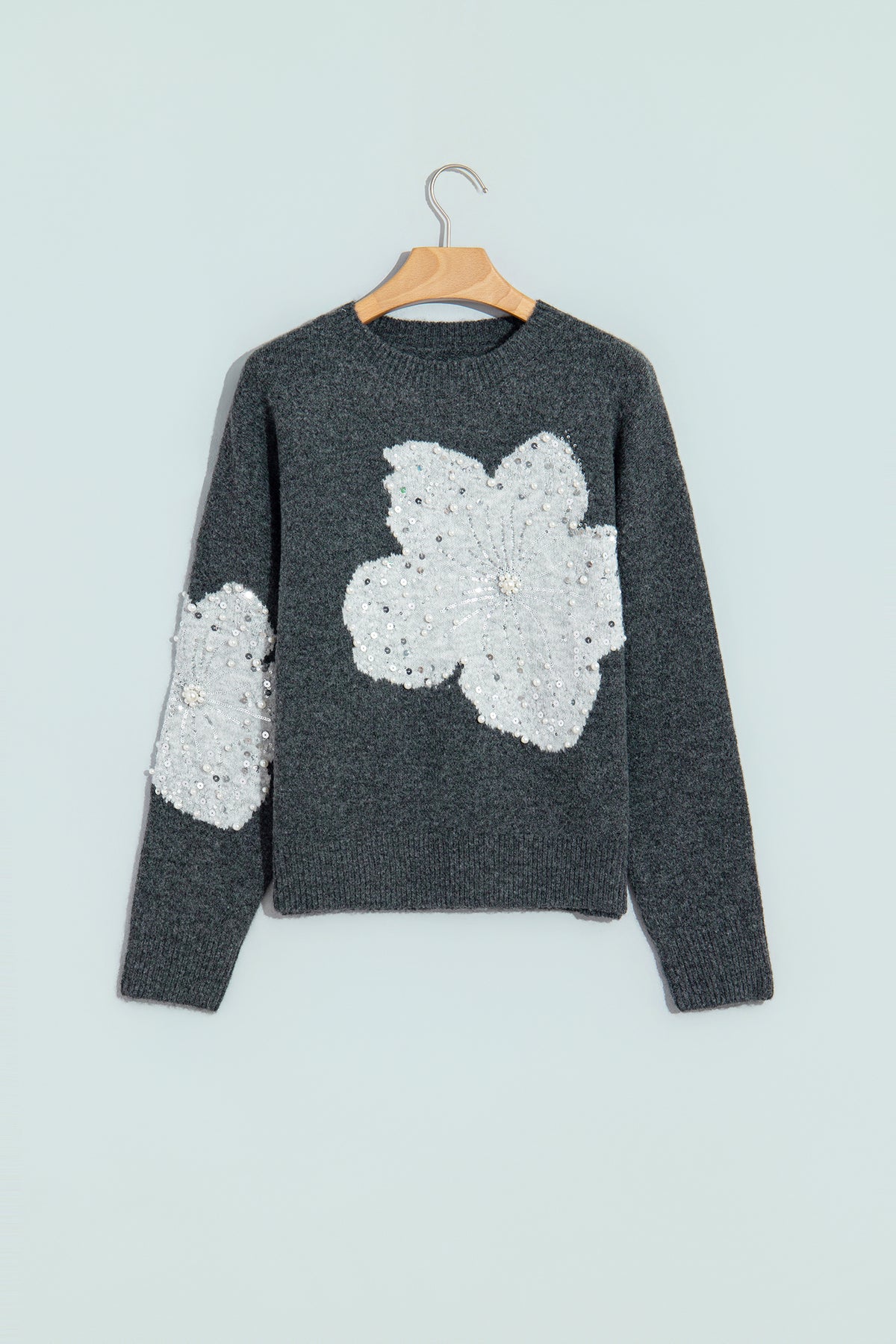 PRE-ORDER: Dark Grey Beaded Floral Accent Casual Round Neck Sweater