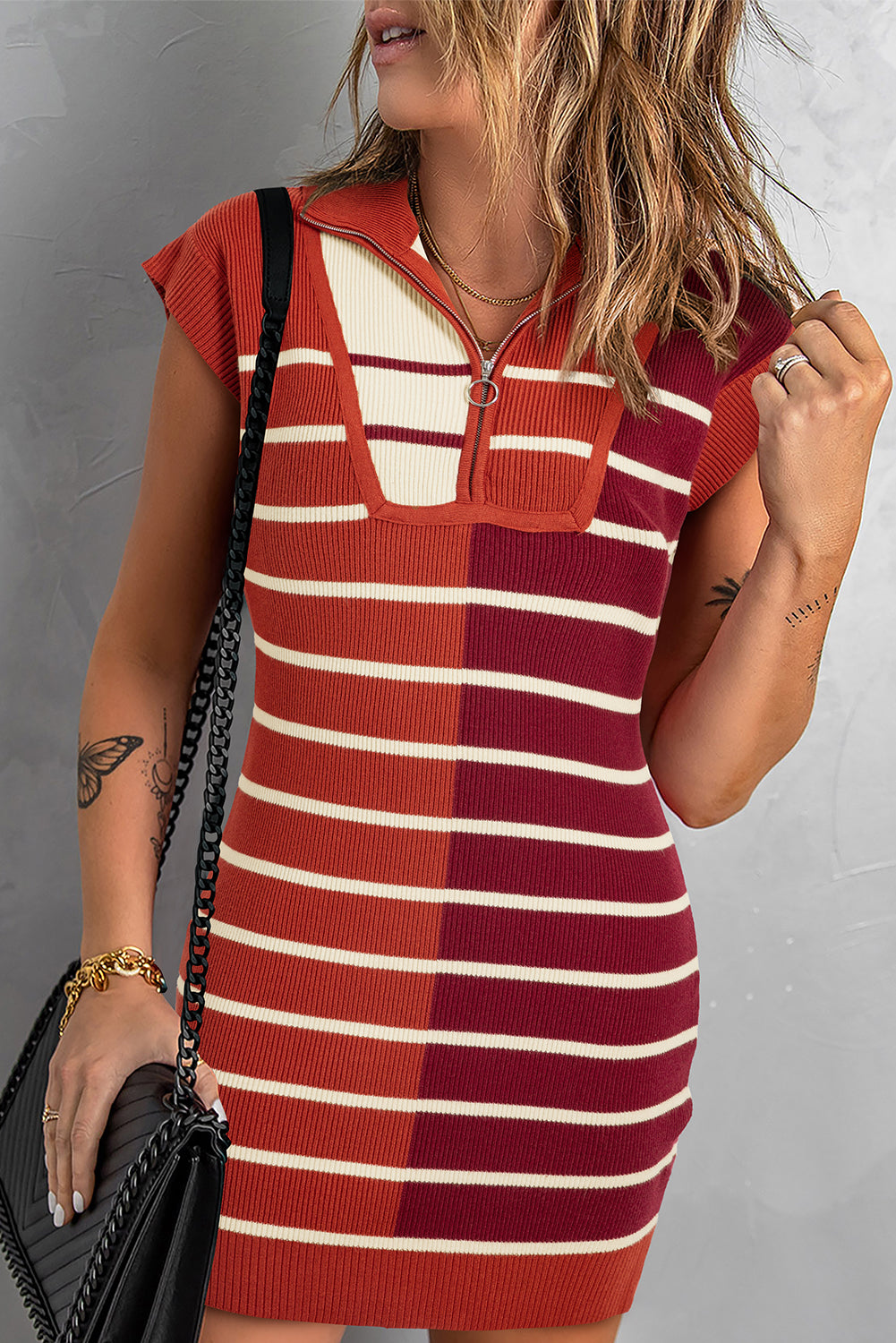 Striped Color Block Quarter Zip Sweater Dress