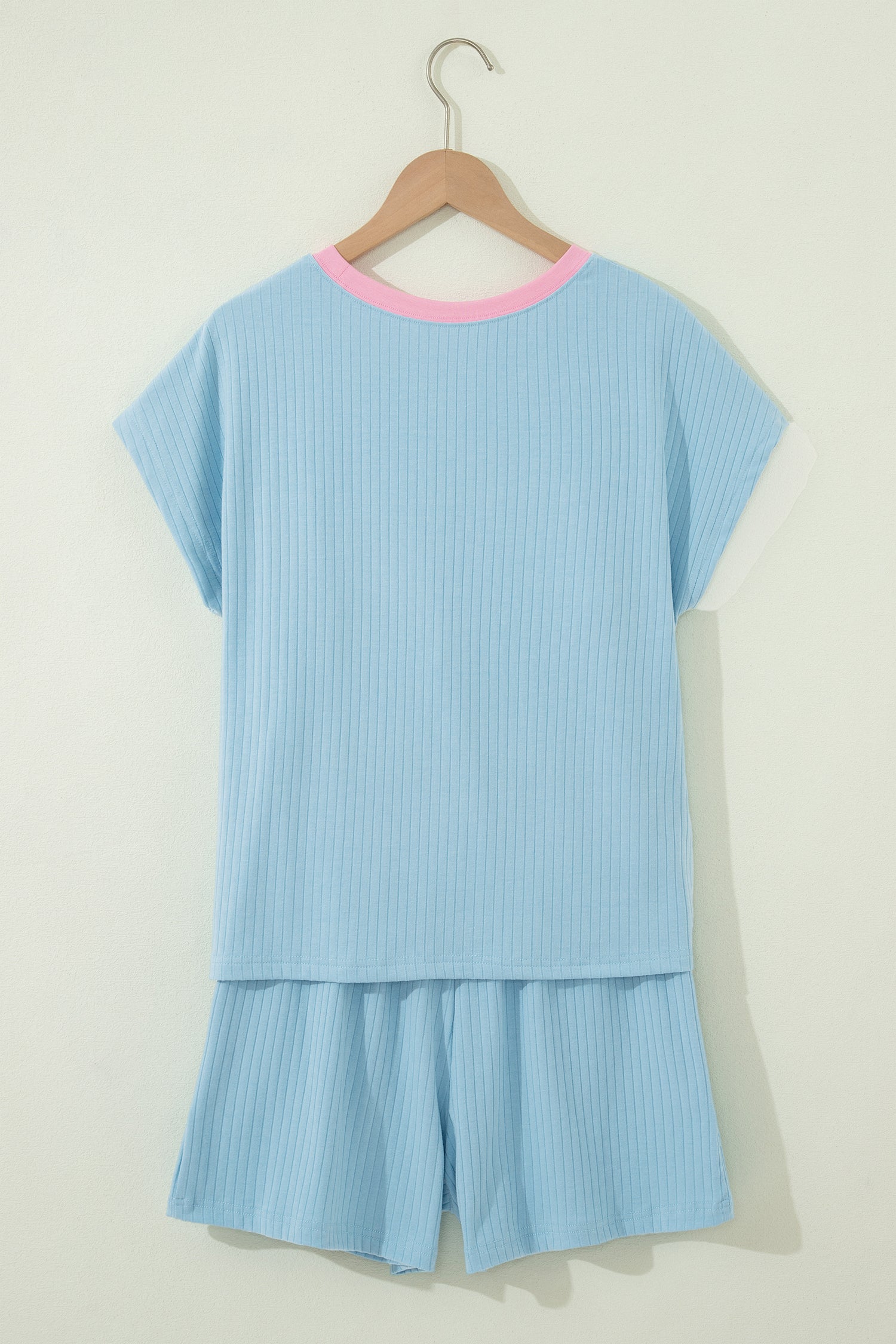 Soft Ribbed Color Block Trim Casual Short Set