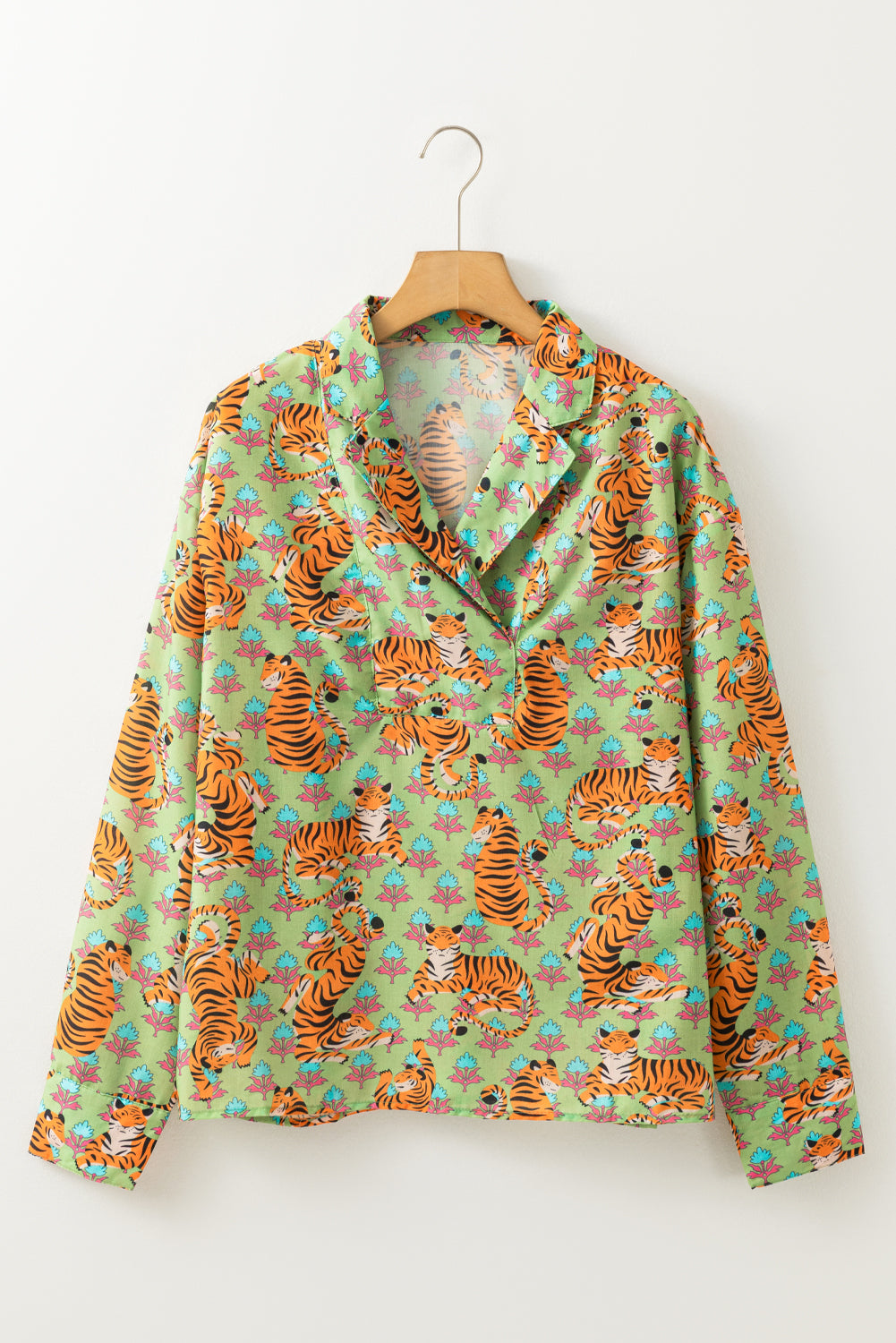 Green Tiger Floral Printed Collared V Neck Blouse
