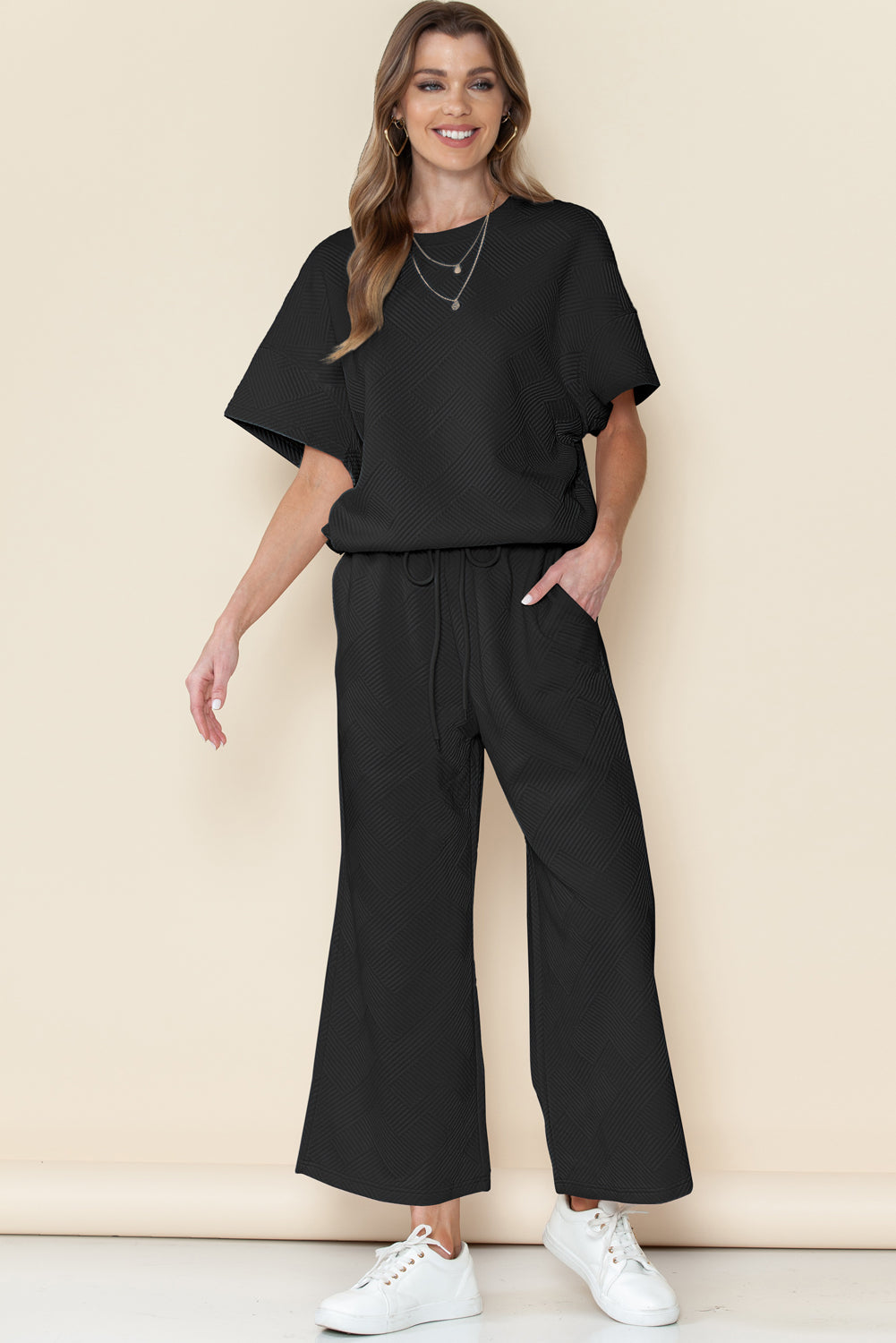 Textured Loose Fit Tee and Pants Set