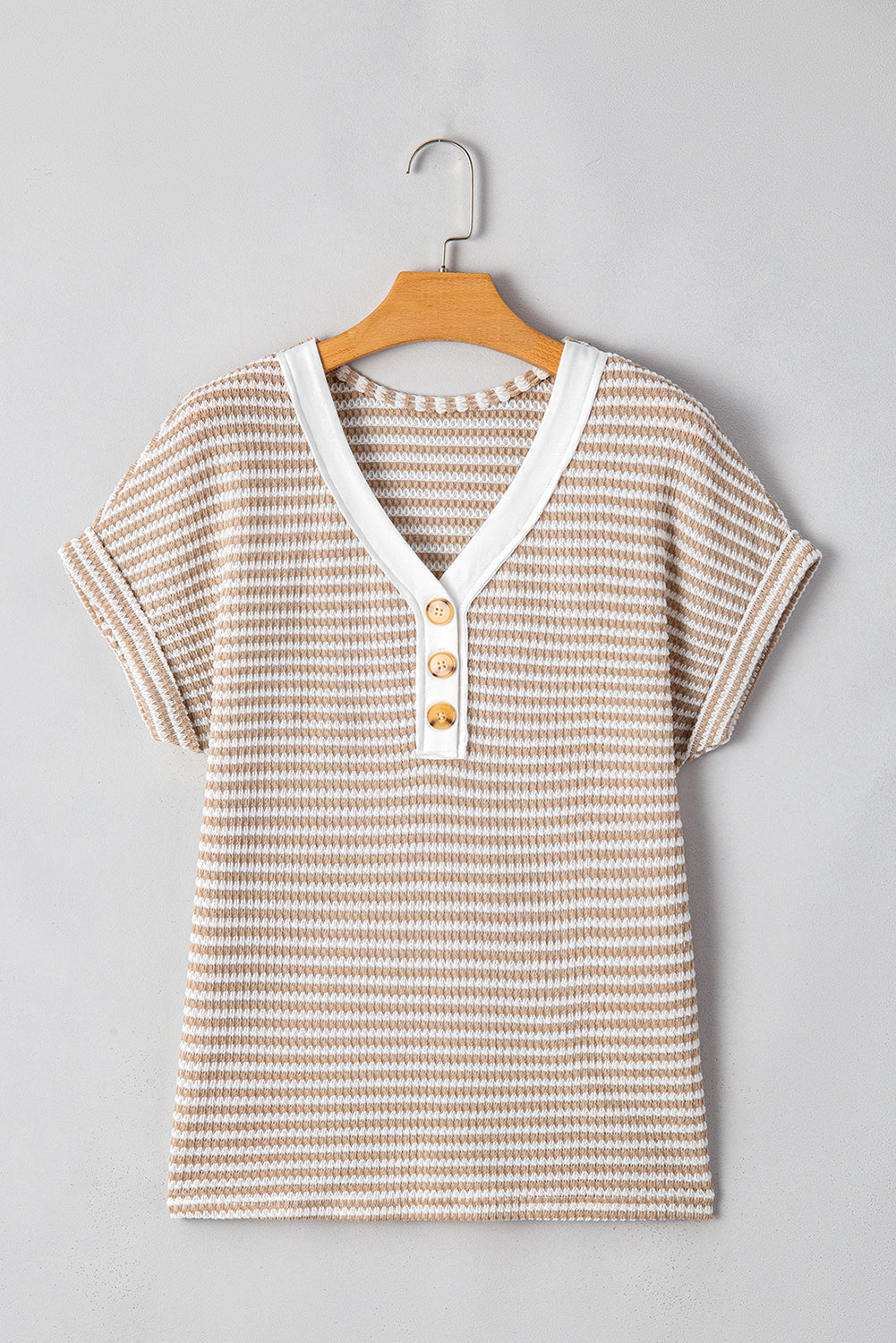 PRE-ORDER: Khaki Striped Button Front V Neck Knitted Top