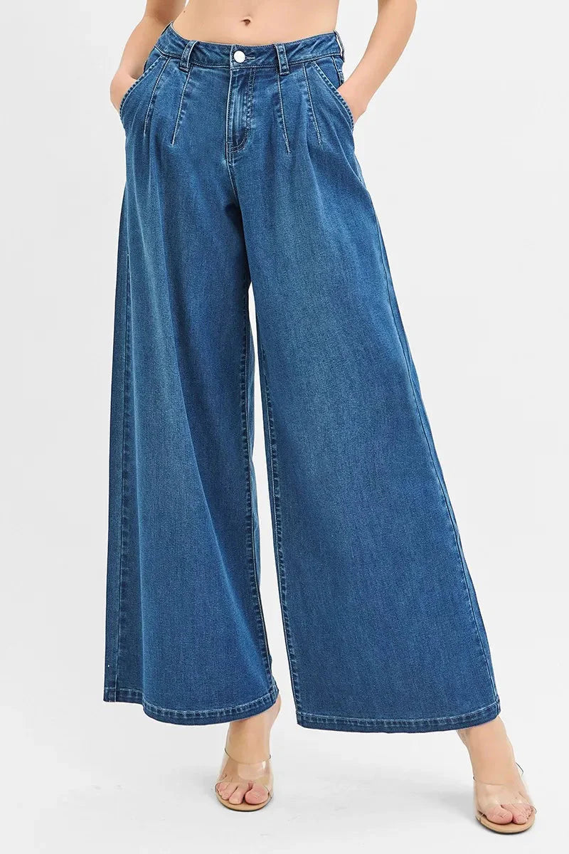 Mid Rise Wide Leg Knit Denim Palazzo Jeans