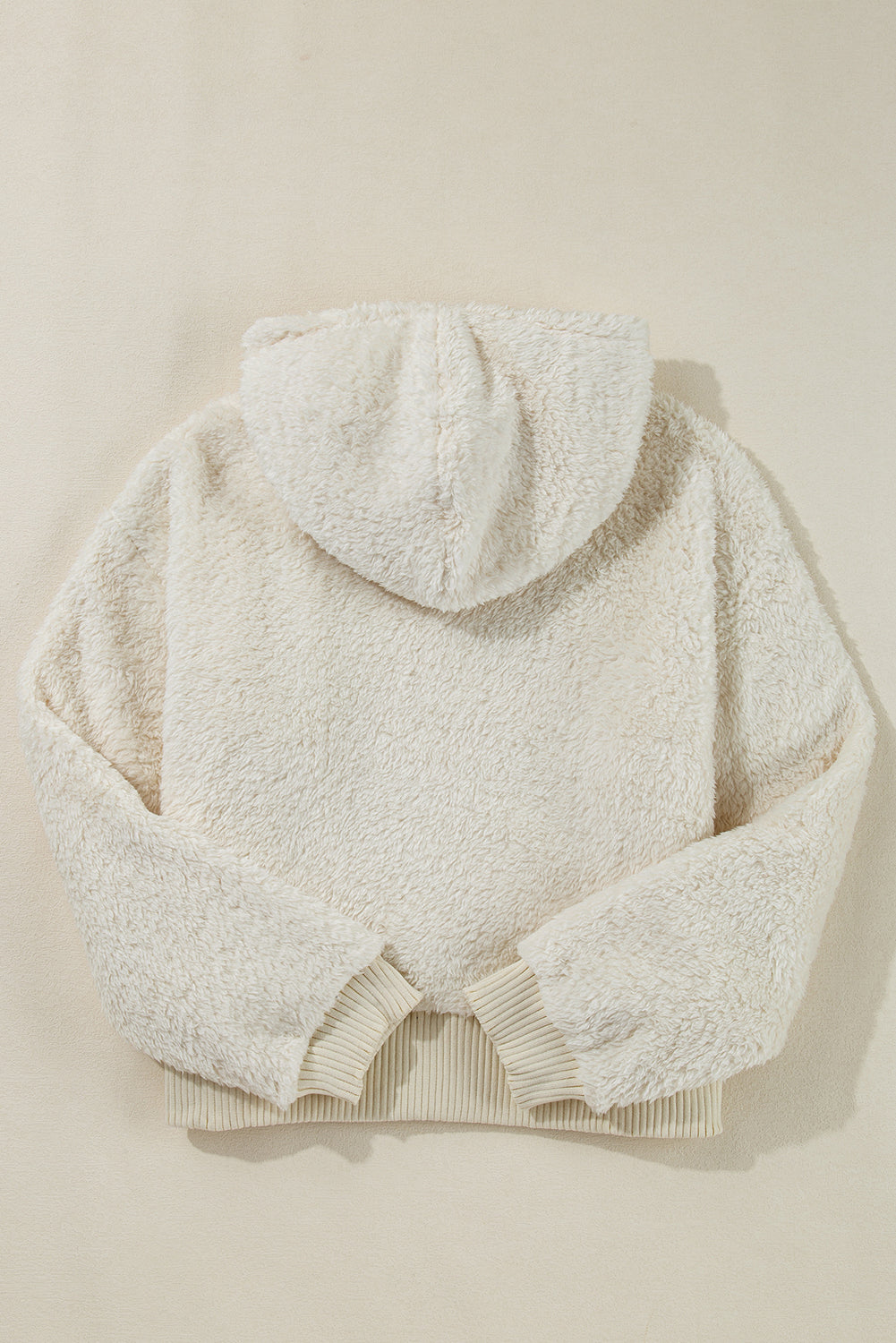 White Ribbed Edge Plush Hoodie