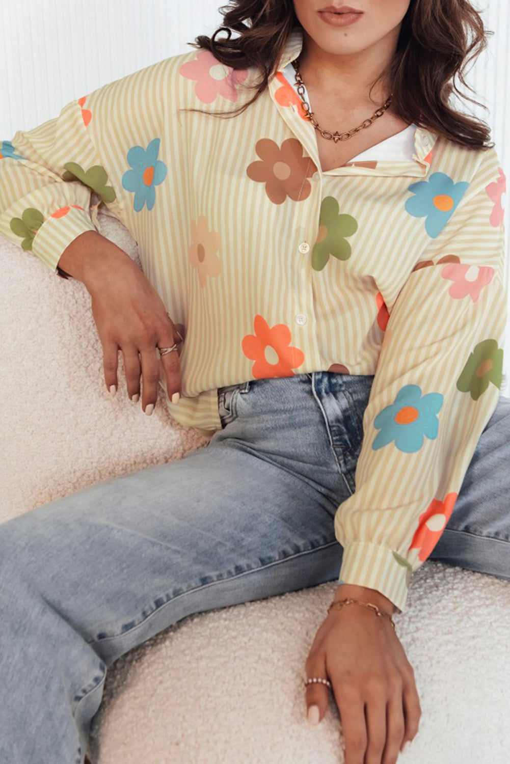 Striped Flower Print Collared Button down Top