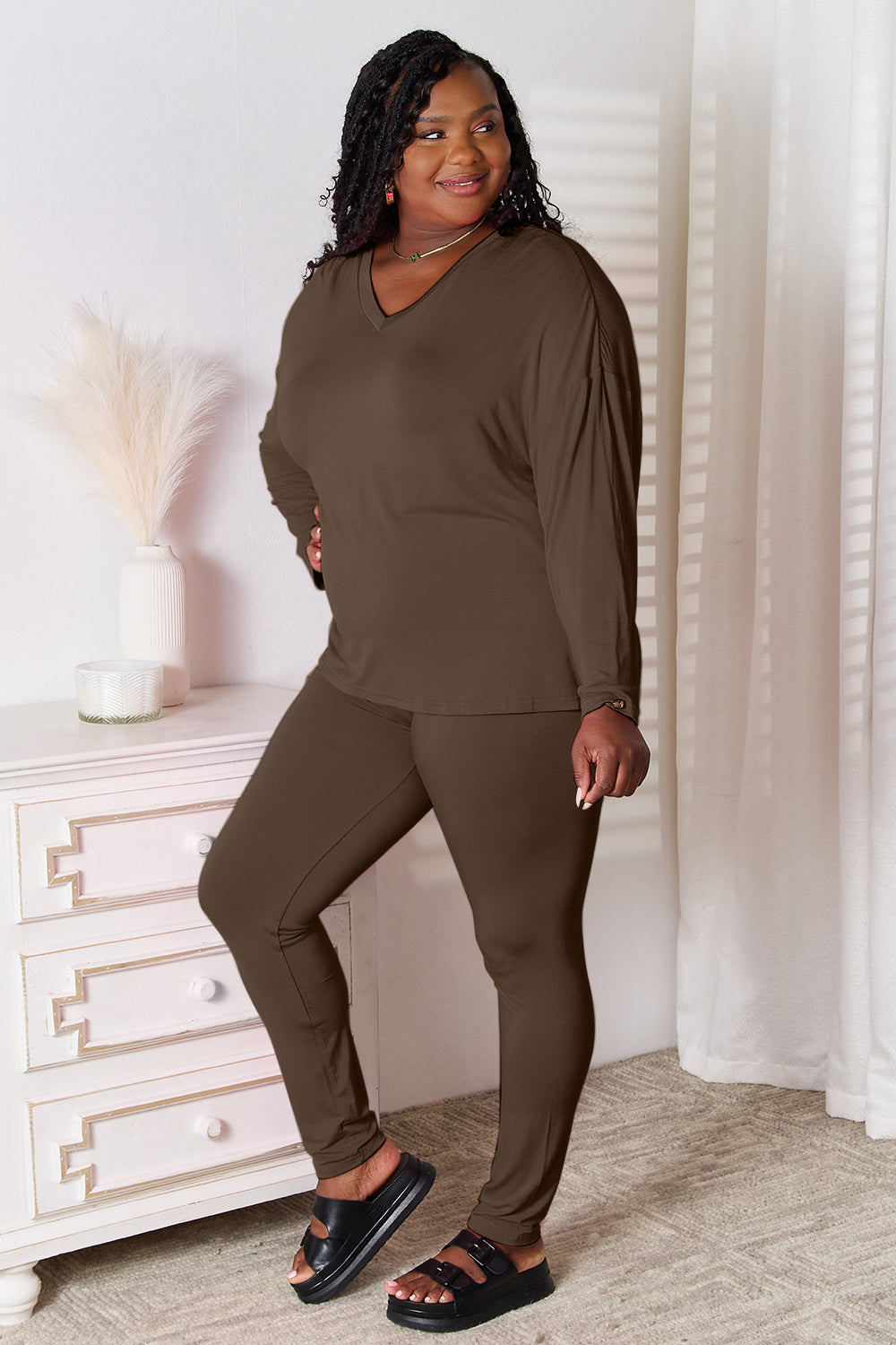 V-Neck Long Sleeve Top and Pants Lounge Set