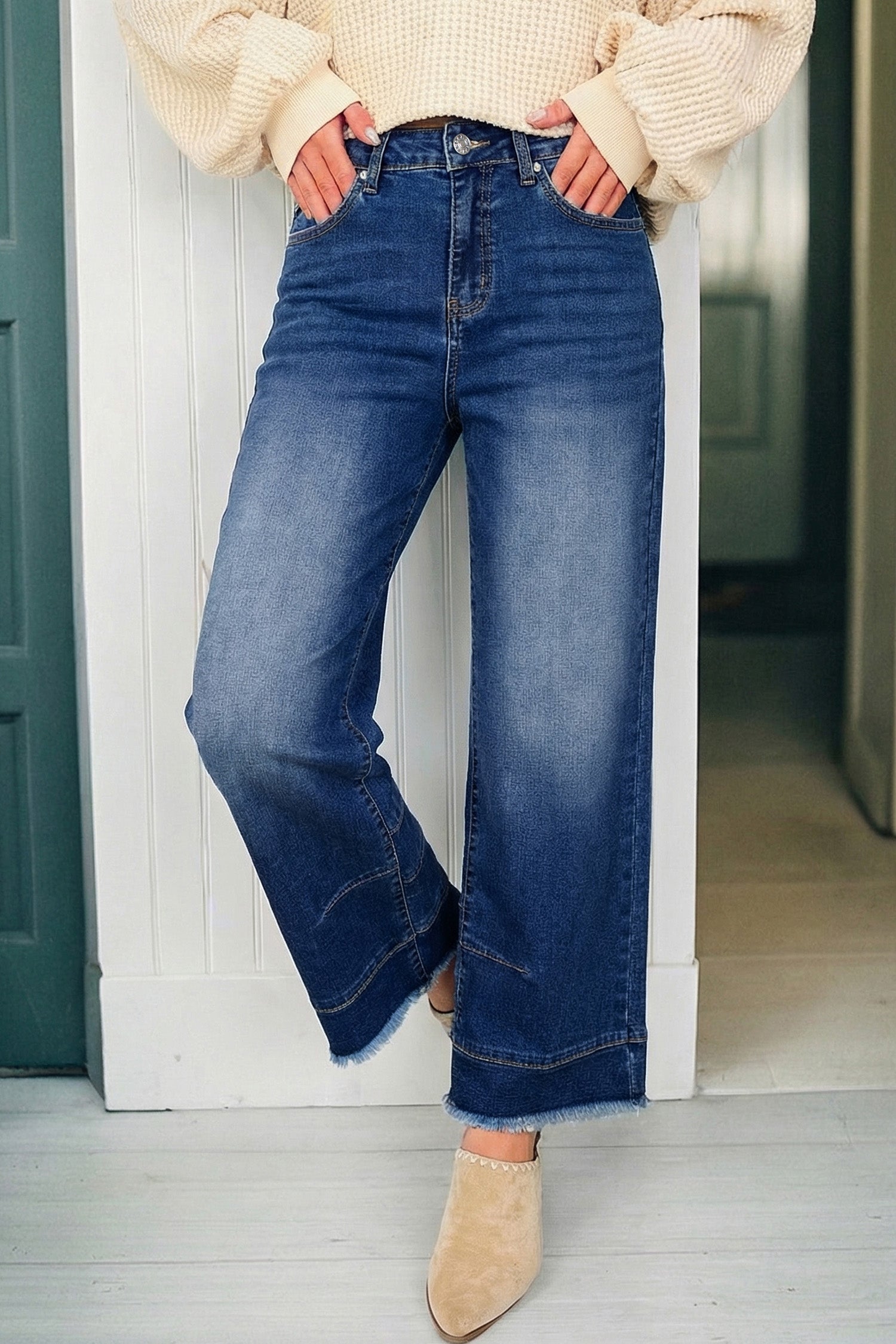 Sky blue raw hem ankle length jeans