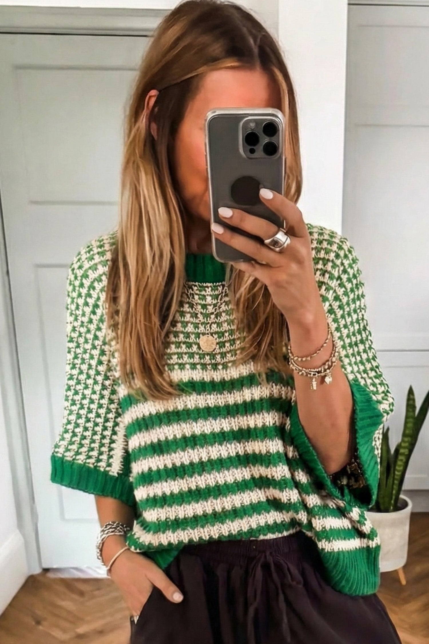 PRE-ORDER: Striped 3/4 Draped Sleeve Slouchy Sweater