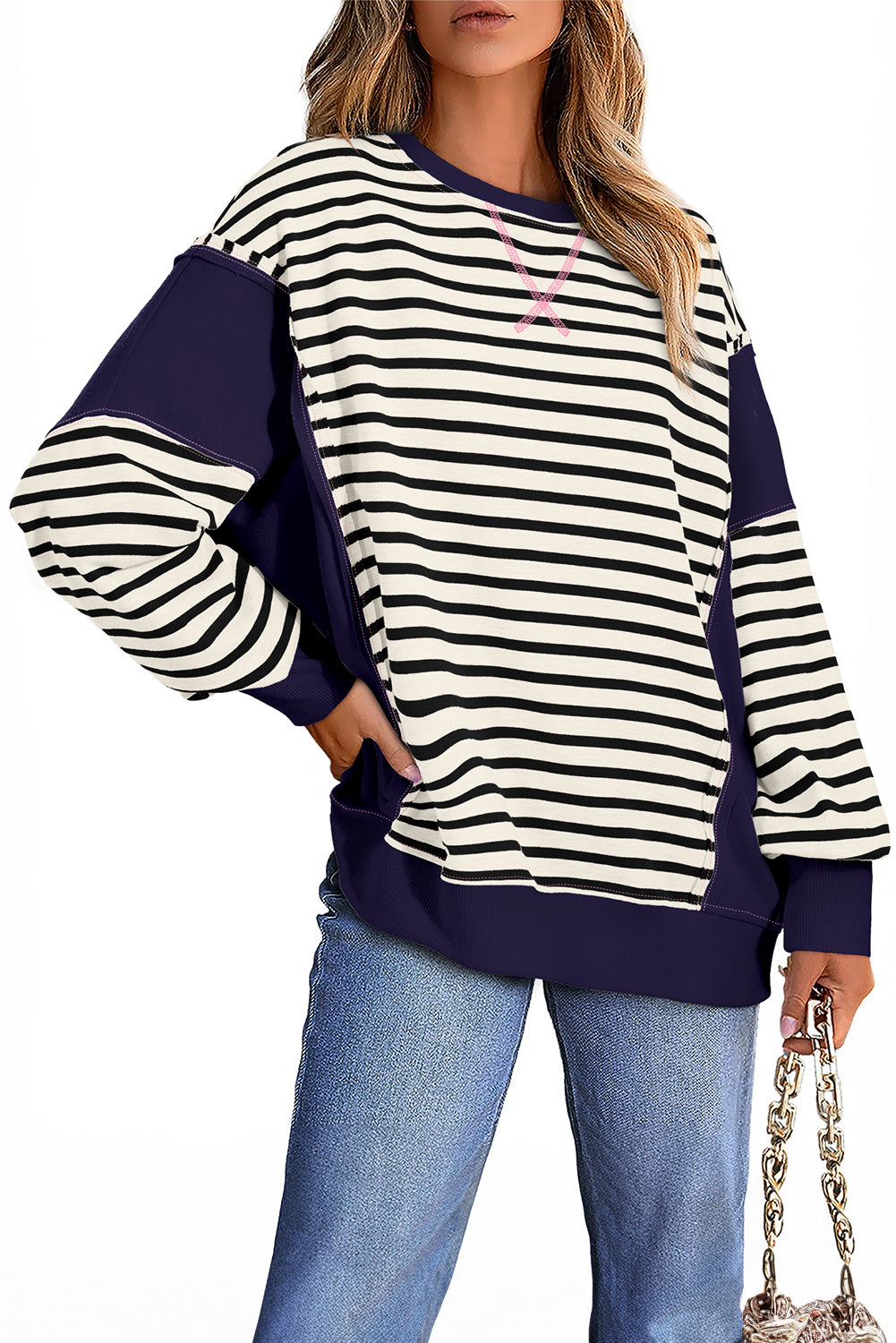 White Stripe Patchwork Exposed Seam Loose Fit Sweatshirt