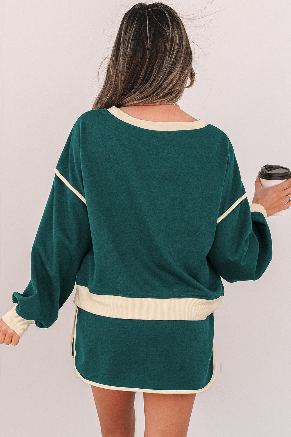 Contrast Pullover and Lace-up Waist Skort Set