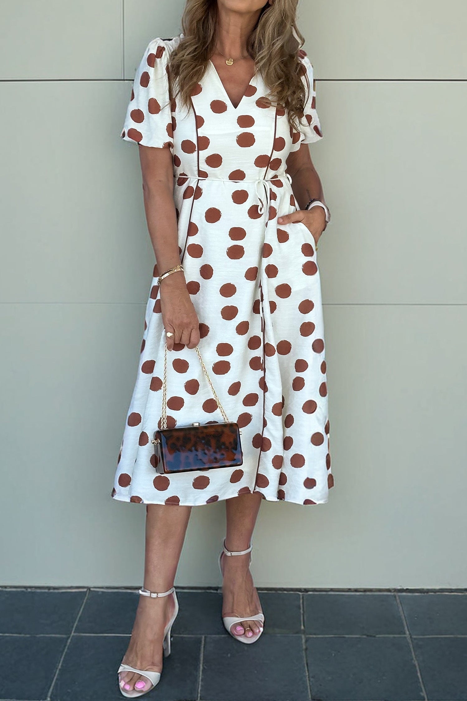 PRE-ORDER: White Polka Dot Printed V Neck Short Sleeve Tie Waist Midi Dress
