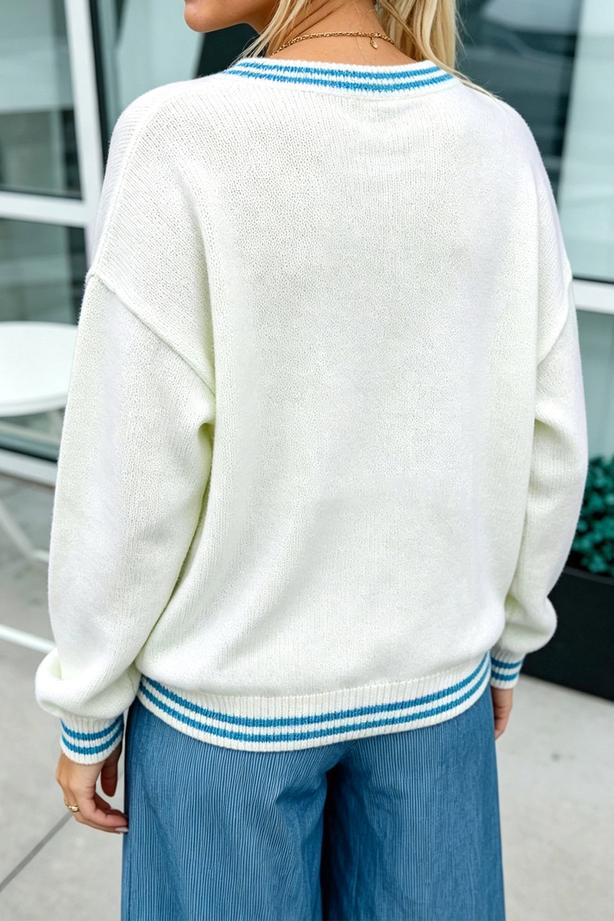 PRE-ORDER: Light Blue Bulldog Contrast Trim Round Neck Casual Sweater