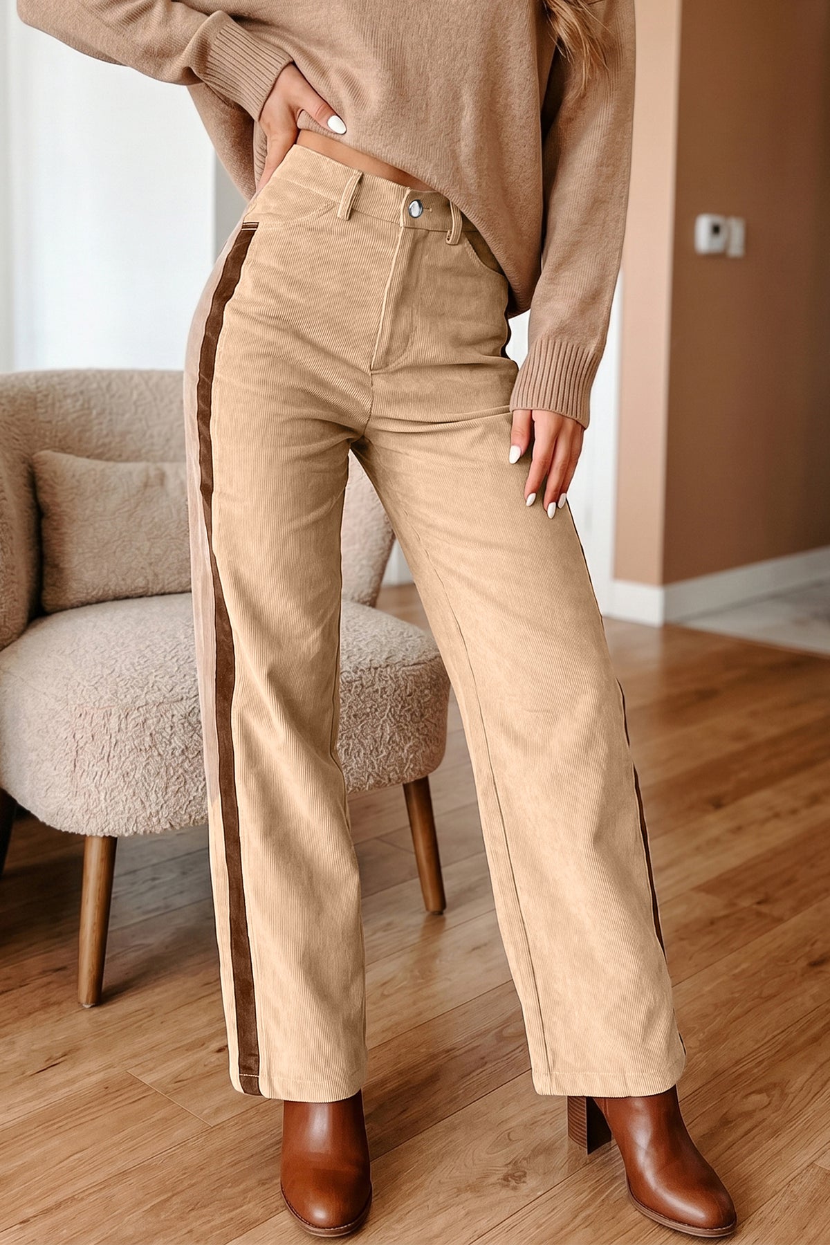 PRE-ORDER: Corduroy Side Panel Colorblock Straight Leg Pants