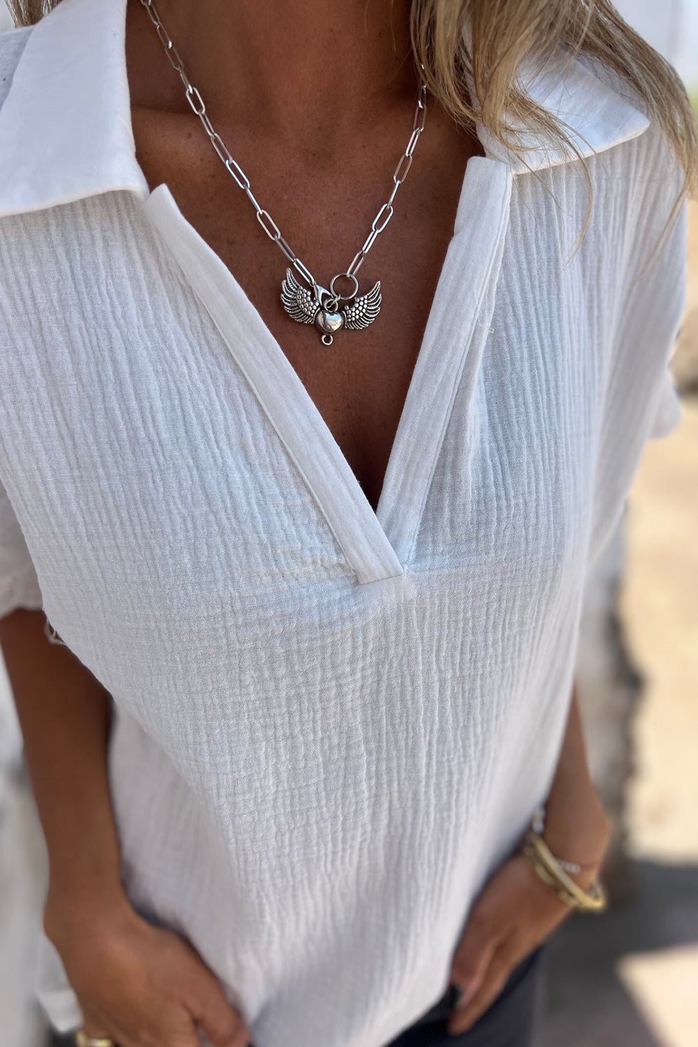 PRE-ORDER: Crinkled Lace Sleeve Collared V Neck Blouse