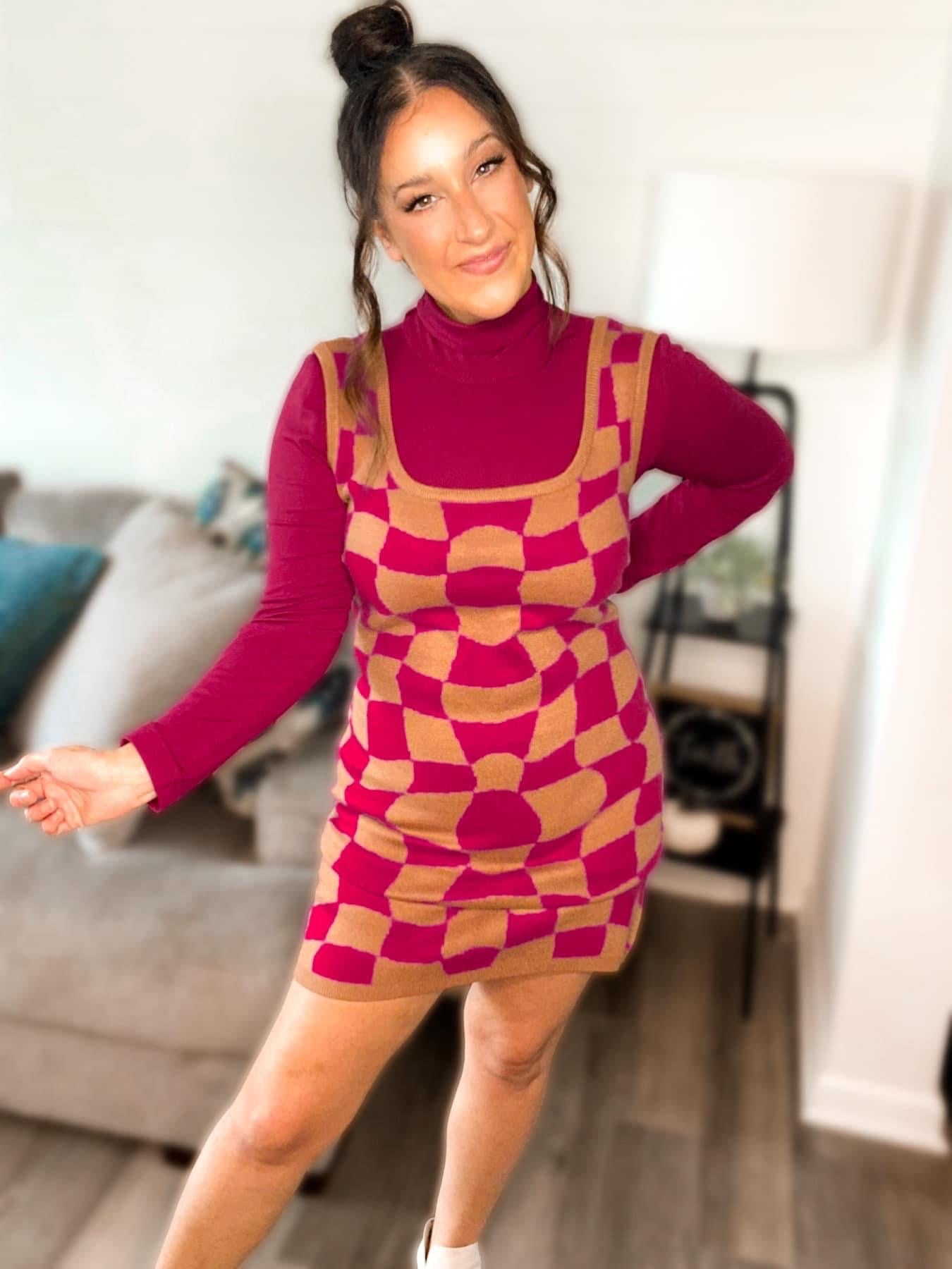 PRE-ORDER Greta Groovy Checkered Sweater Dress