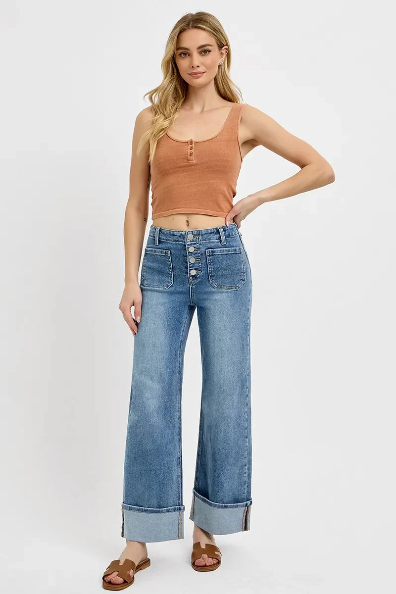 High Rise Ankle Wide Button Patch Pocket Cuffed Jeans