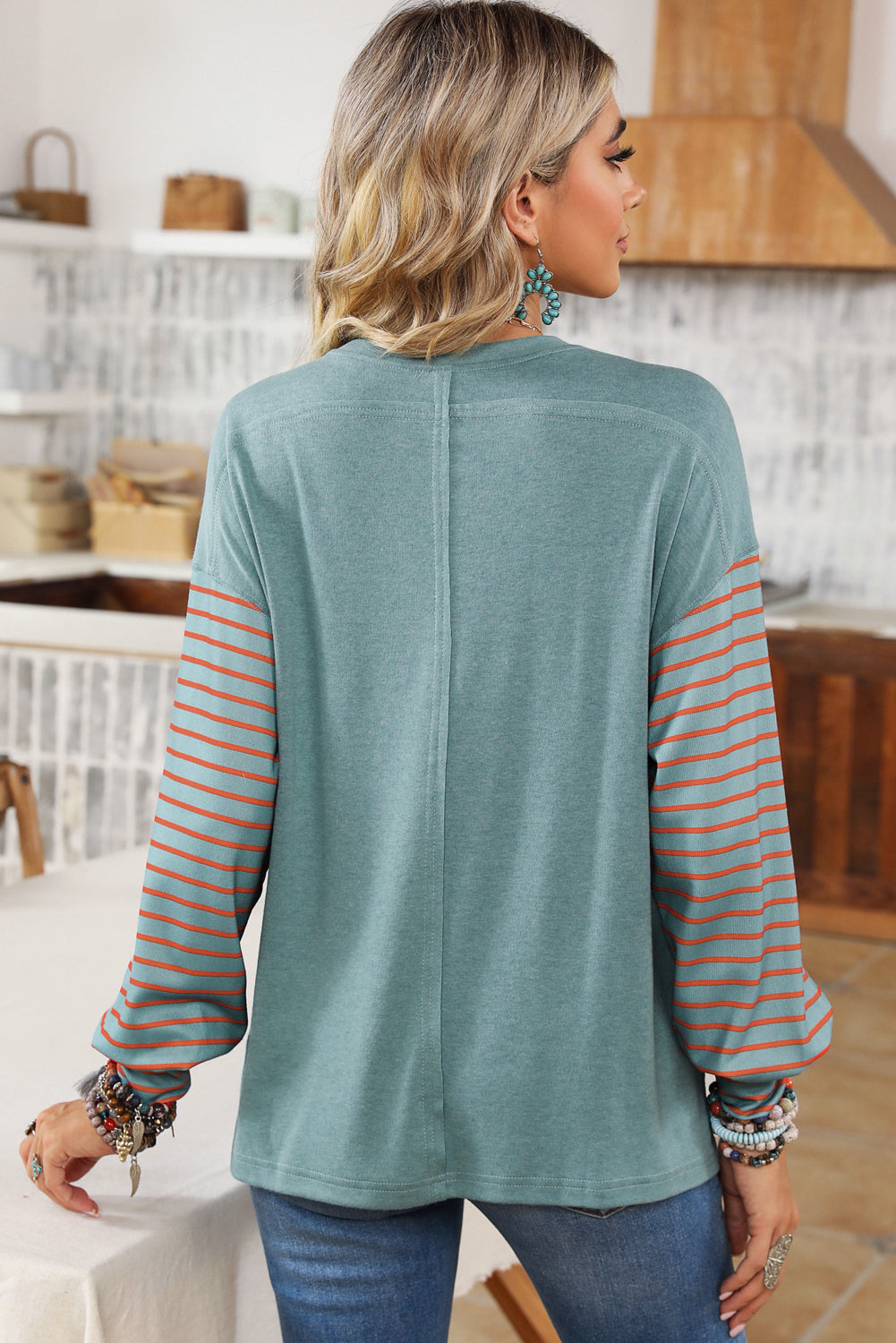 PRE-ORDER: Green Colorblock Striped Bishop Sleeve Top