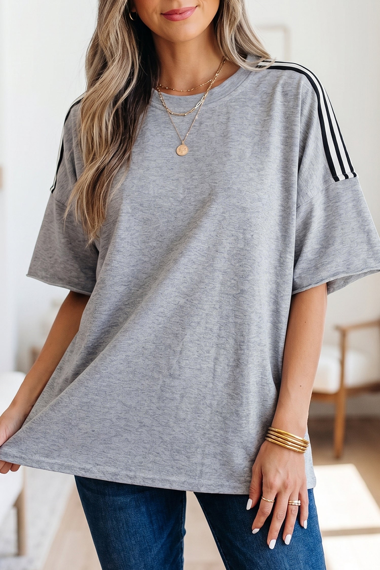 PRE-ORDER: Light Grey Patchwork Detail Raw Edge Oversize Tee