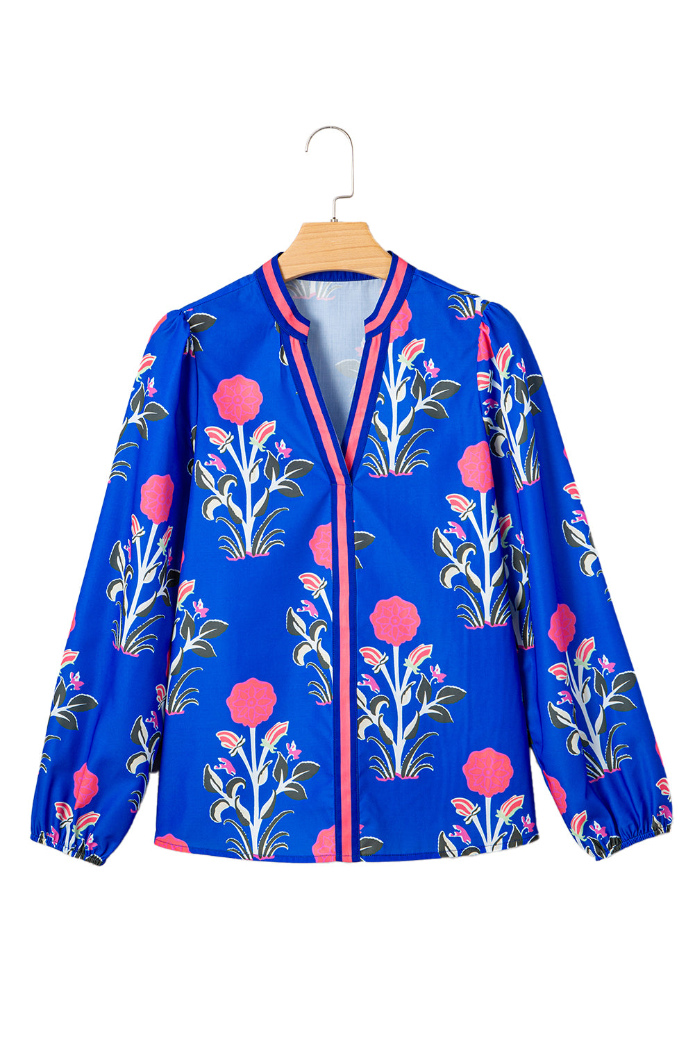 PRE-ORDER: Blue Floral Print Pop Of Color V Neck Puff Sleeve Blouse