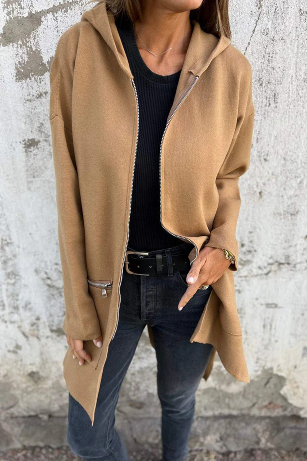 Light French Beige Casual Zip up Hooded Coat