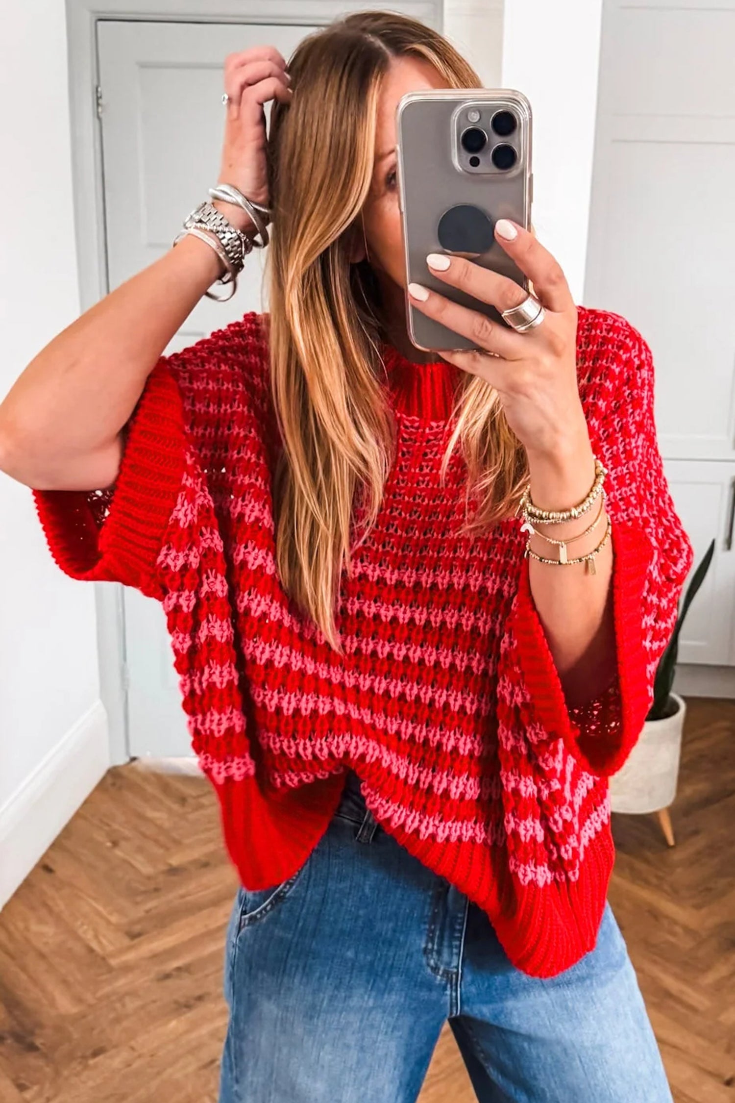 PRE-ORDER: Striped 3/4 Draped Sleeve Slouchy Sweater