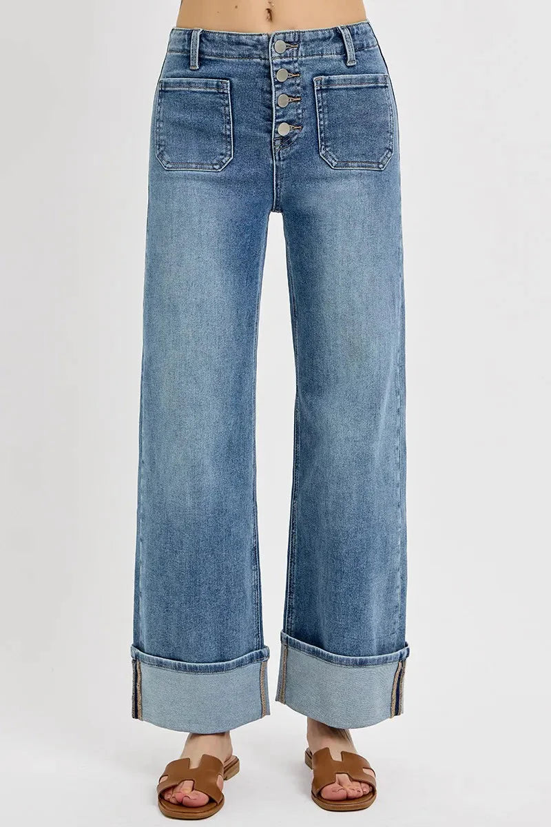 High Rise Ankle Wide Button Patch Pocket Cuffed Jeans