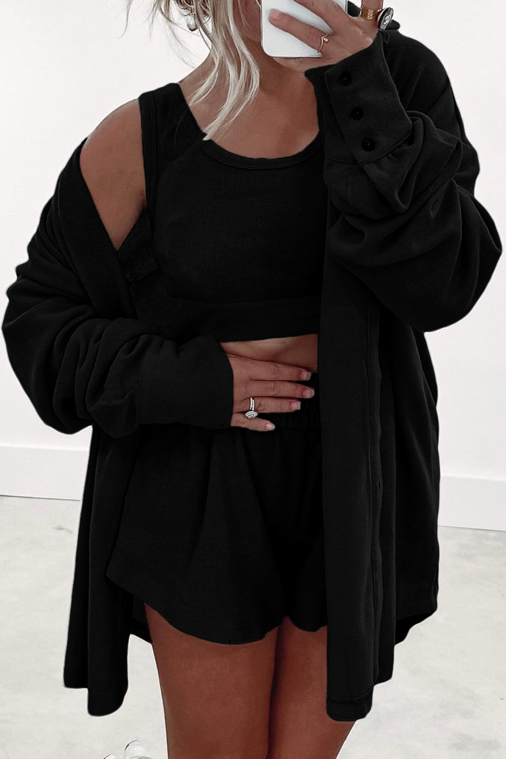 PRE-ORDER: Shirred Hem Crop Tank Top Loose Shorts Cardigan 3 Piece Pajama Set