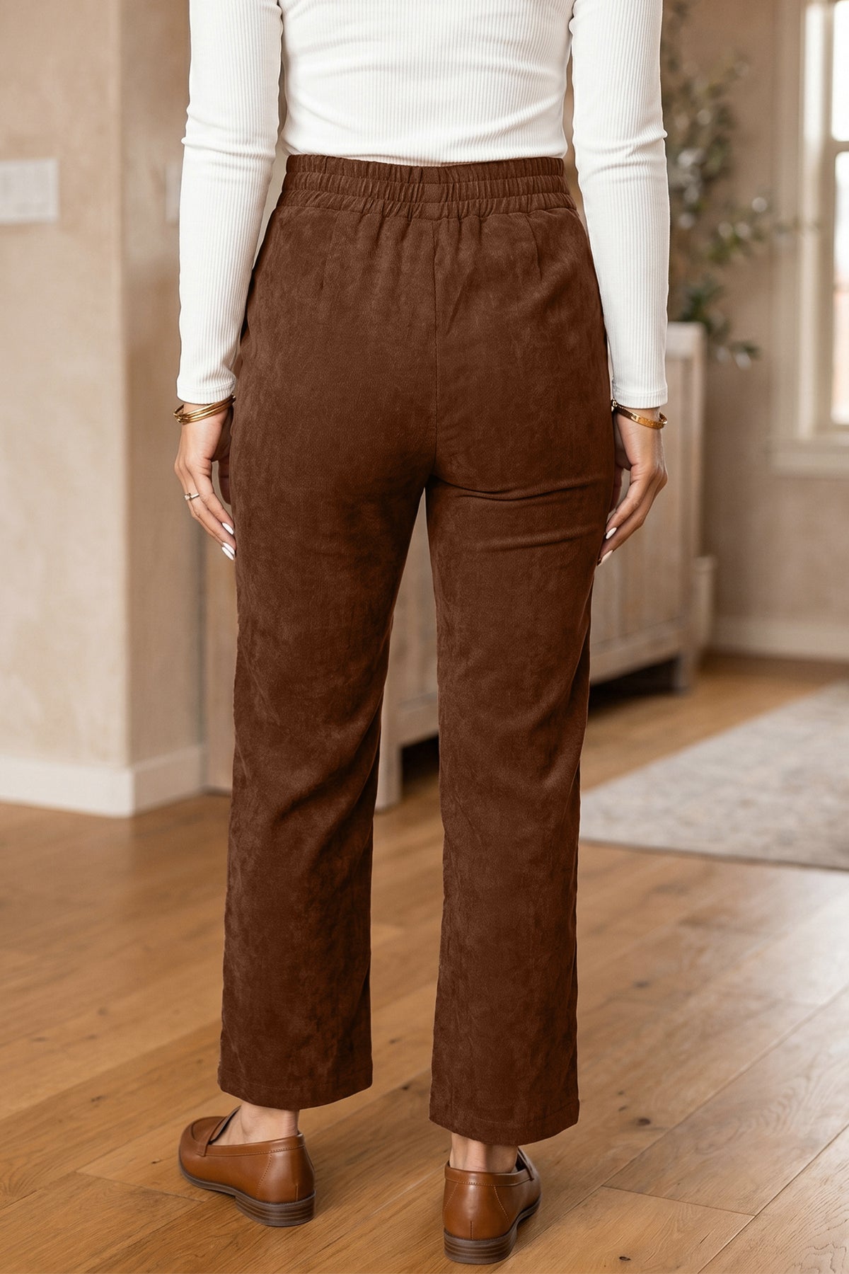 PRE-ORDER: Coffee Elastic Waist Straight Leg Ankle Length Corduroy Pants