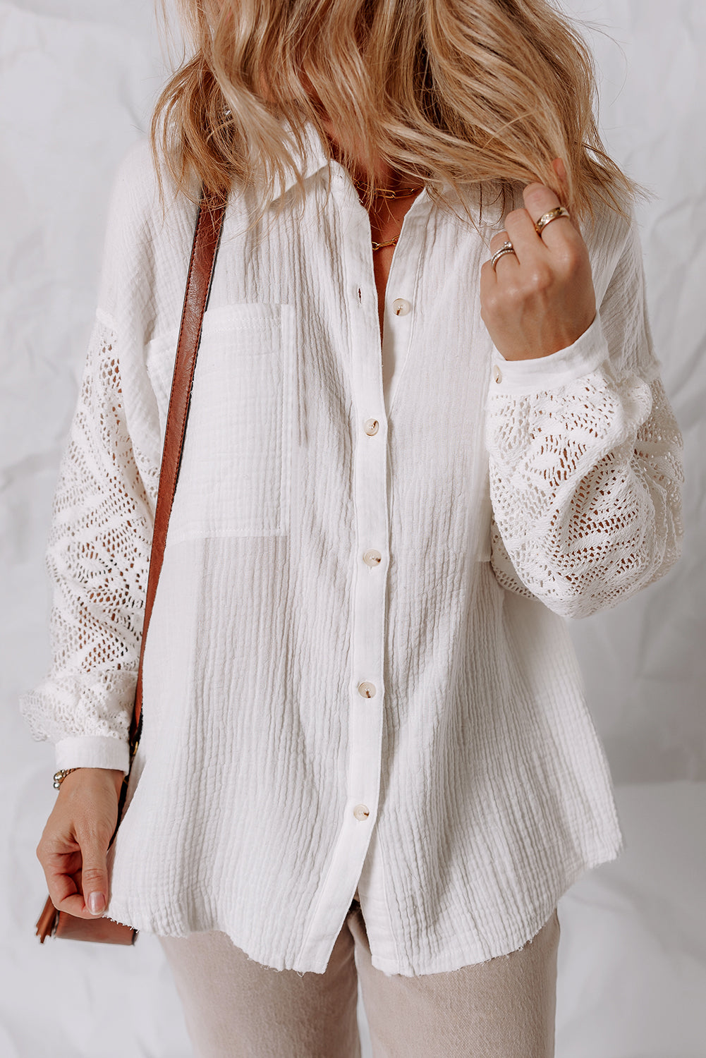 PRE-ORDER: Cotton Gauze Lace Patchwork Long Sleeve Shirt