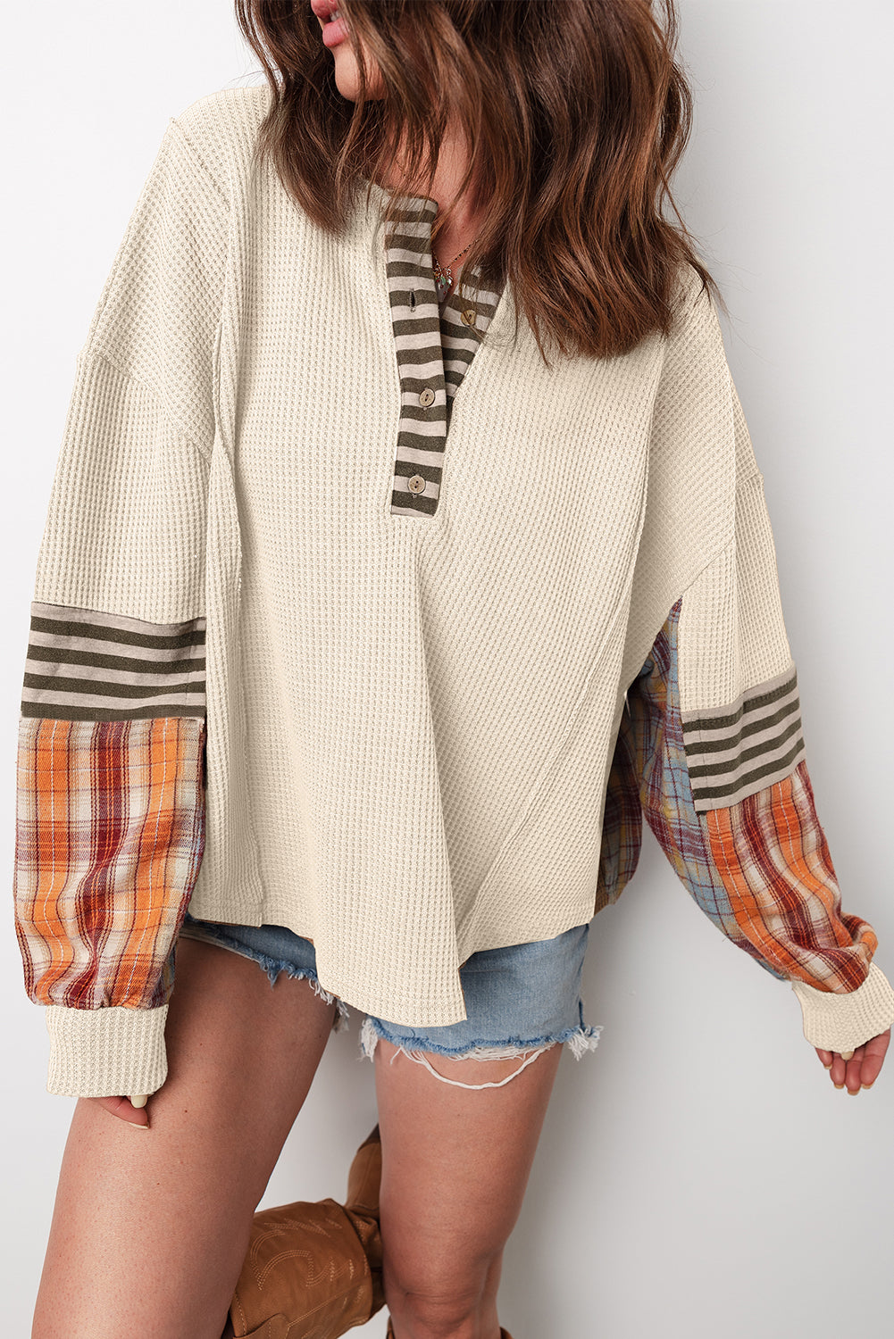 Striped Plaid Patchwork Waffle Knit Top