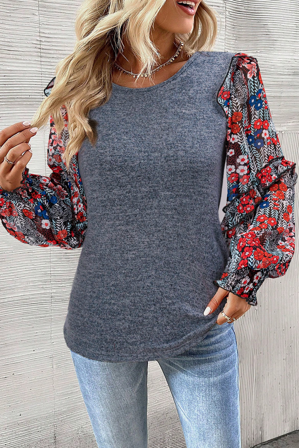 Floral Ruffle Sleeve Patchwork Top