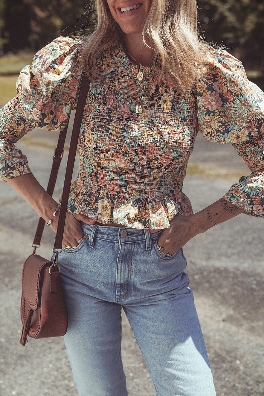 Yellow Floral Smocked Bubble Sleeve Crop Top