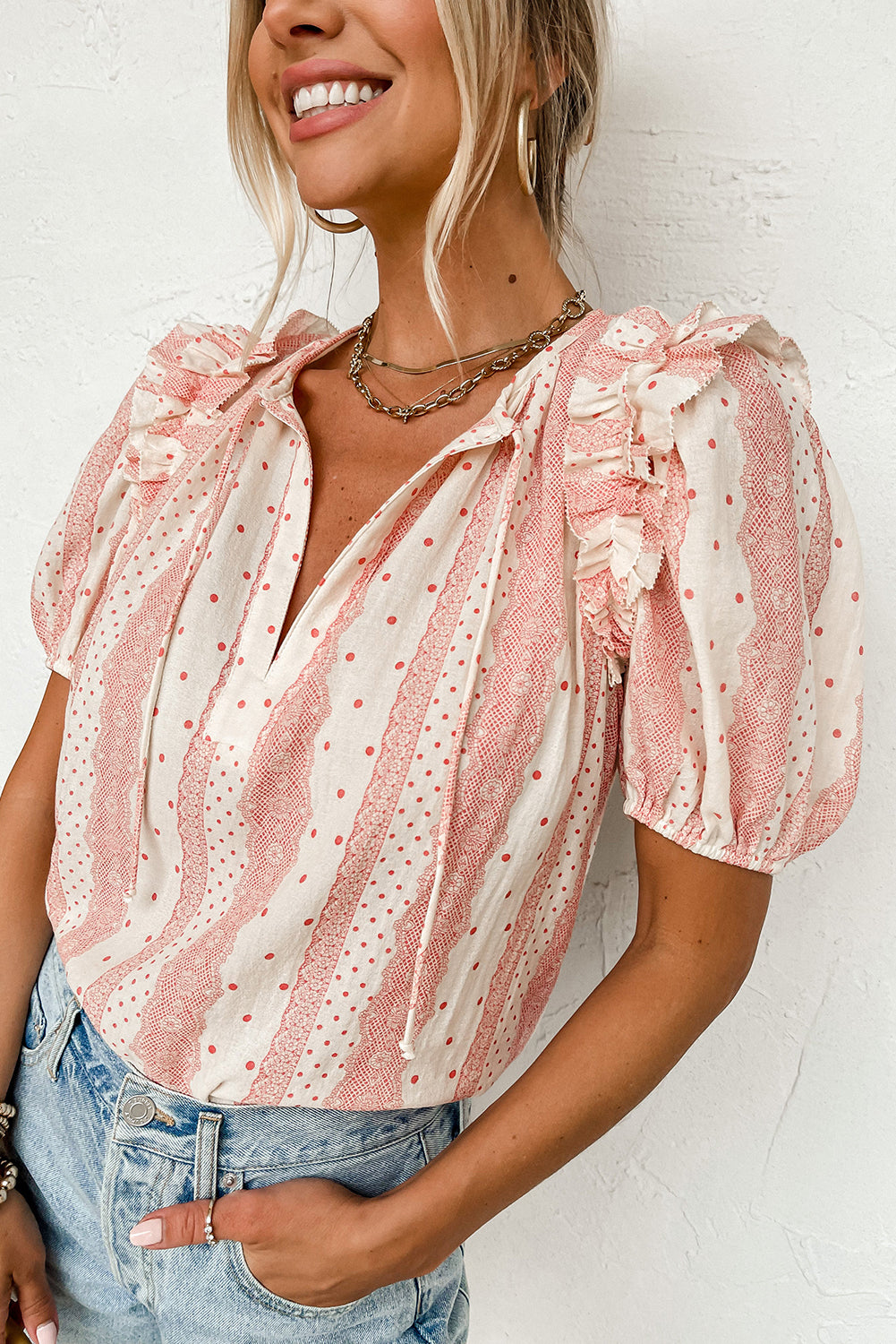 PRE-ORDER: Short Puff Sleeve Mixed Print Blouse