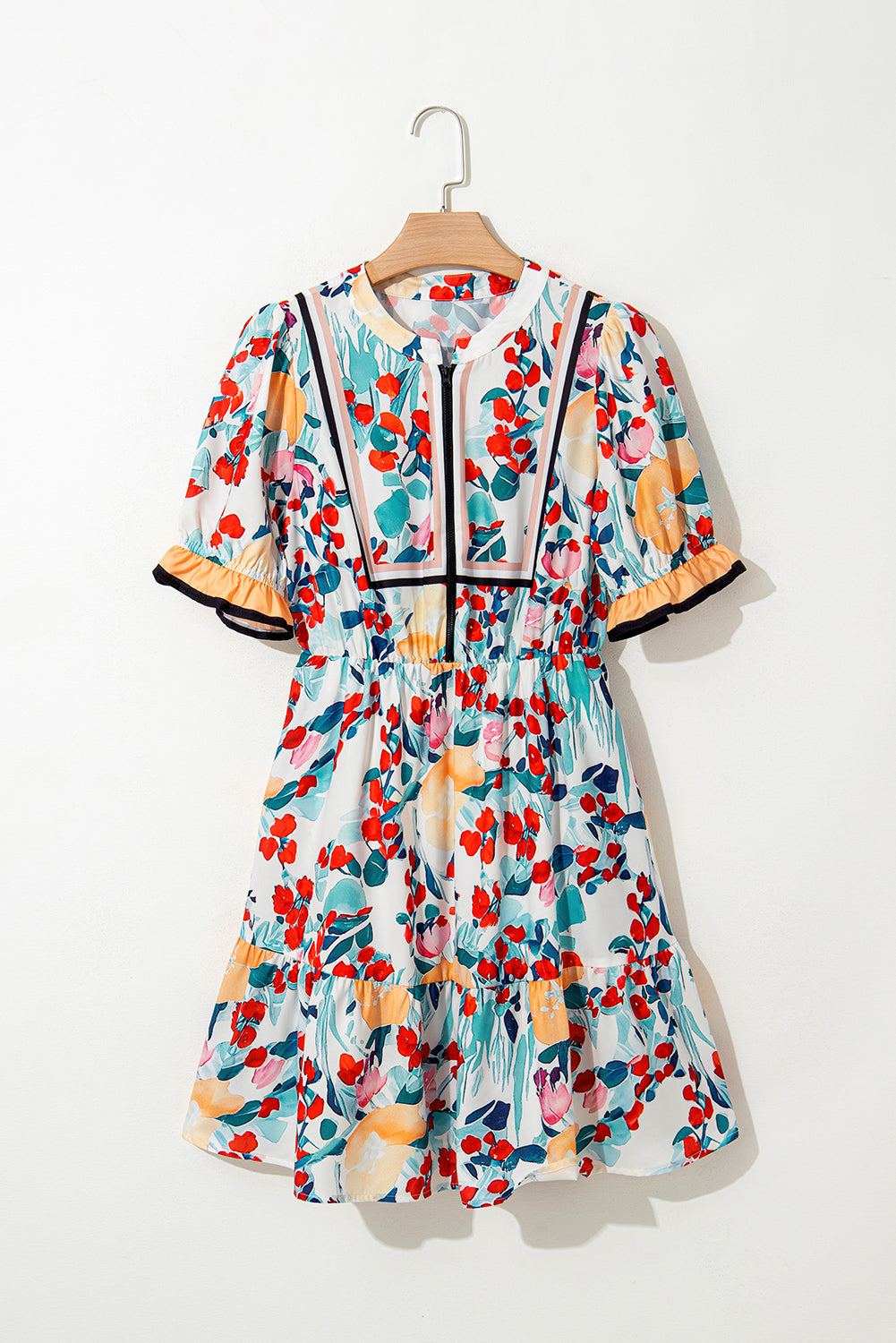 Floral Half Zip Ruffle Mini Dress